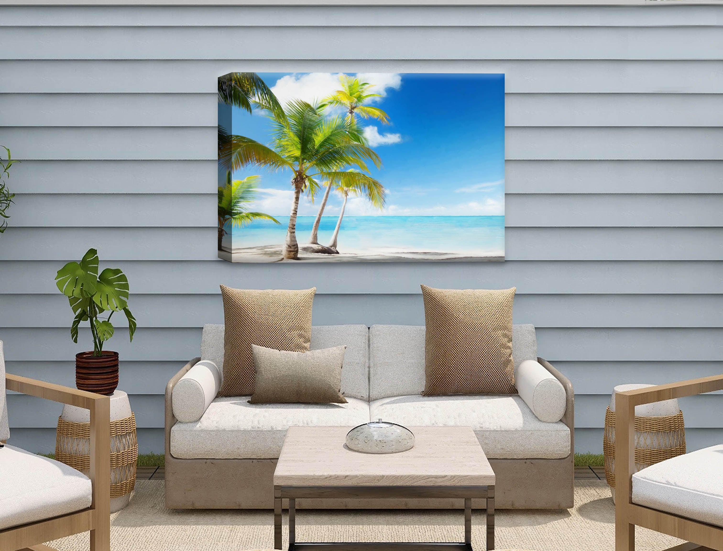 Tropical Beach & Palm Trees  -Canvas Wrap - Waterproof on Patio 1 Wall