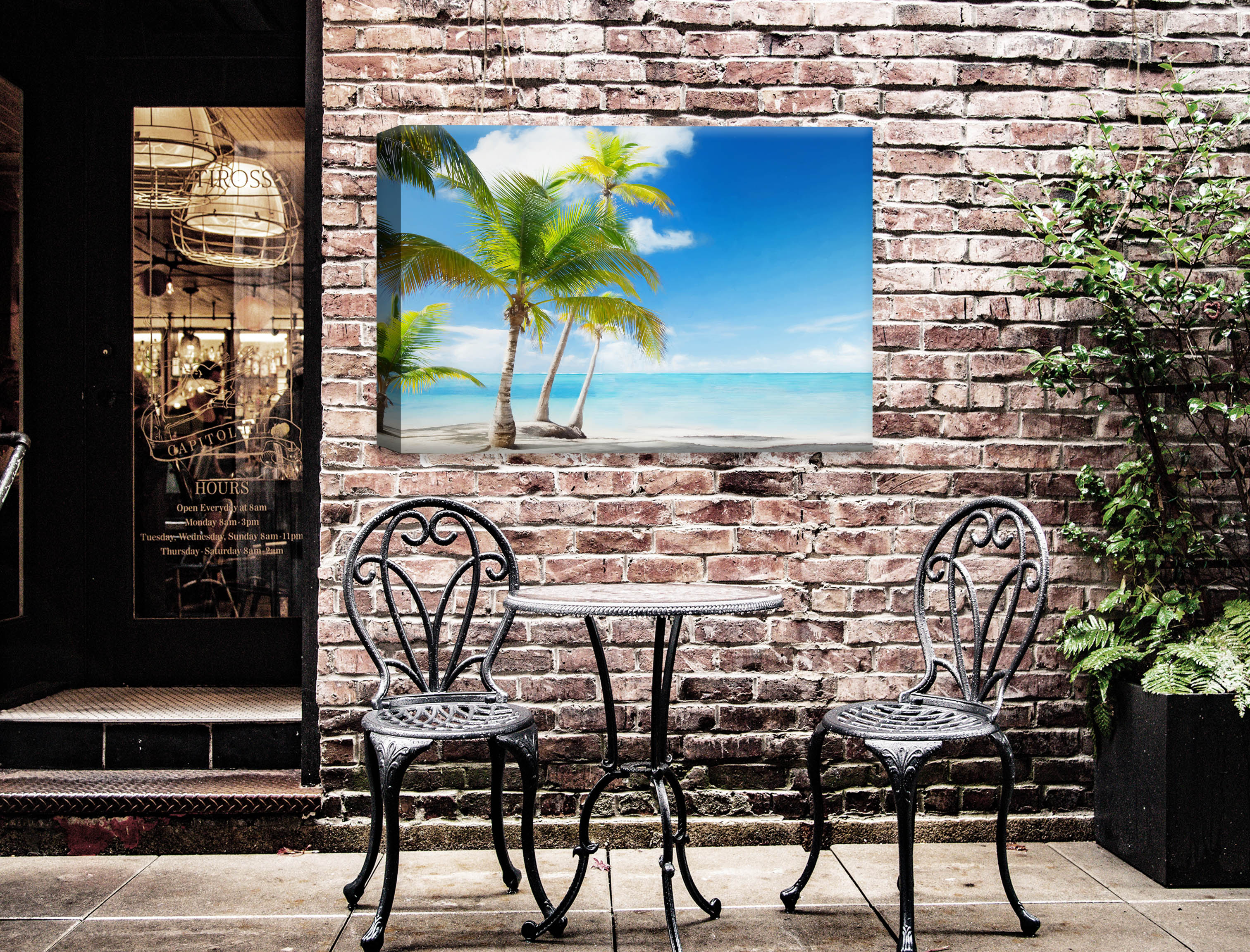 Tropical Beach & Palm Trees  -Canvas Wrap - Waterproof on Patio 2 Wall