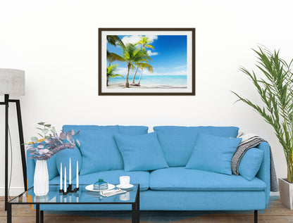 Tropical Beach & Palm Trees  -Framed Photo - Black on Living Room1 Wall-2