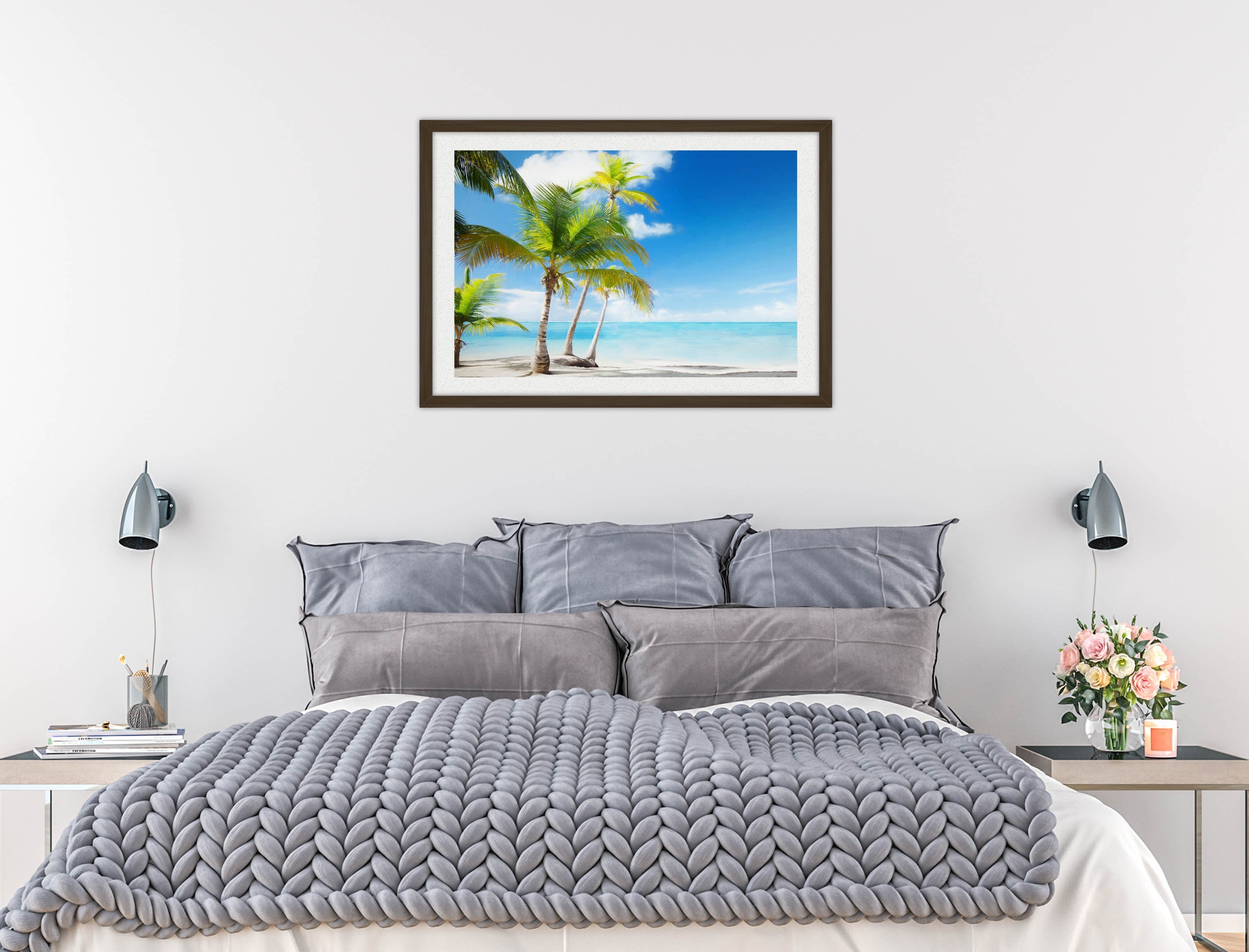 Tropical Beach & Palm Trees  -Framed Photo - Black Frame on Bedroom Wall