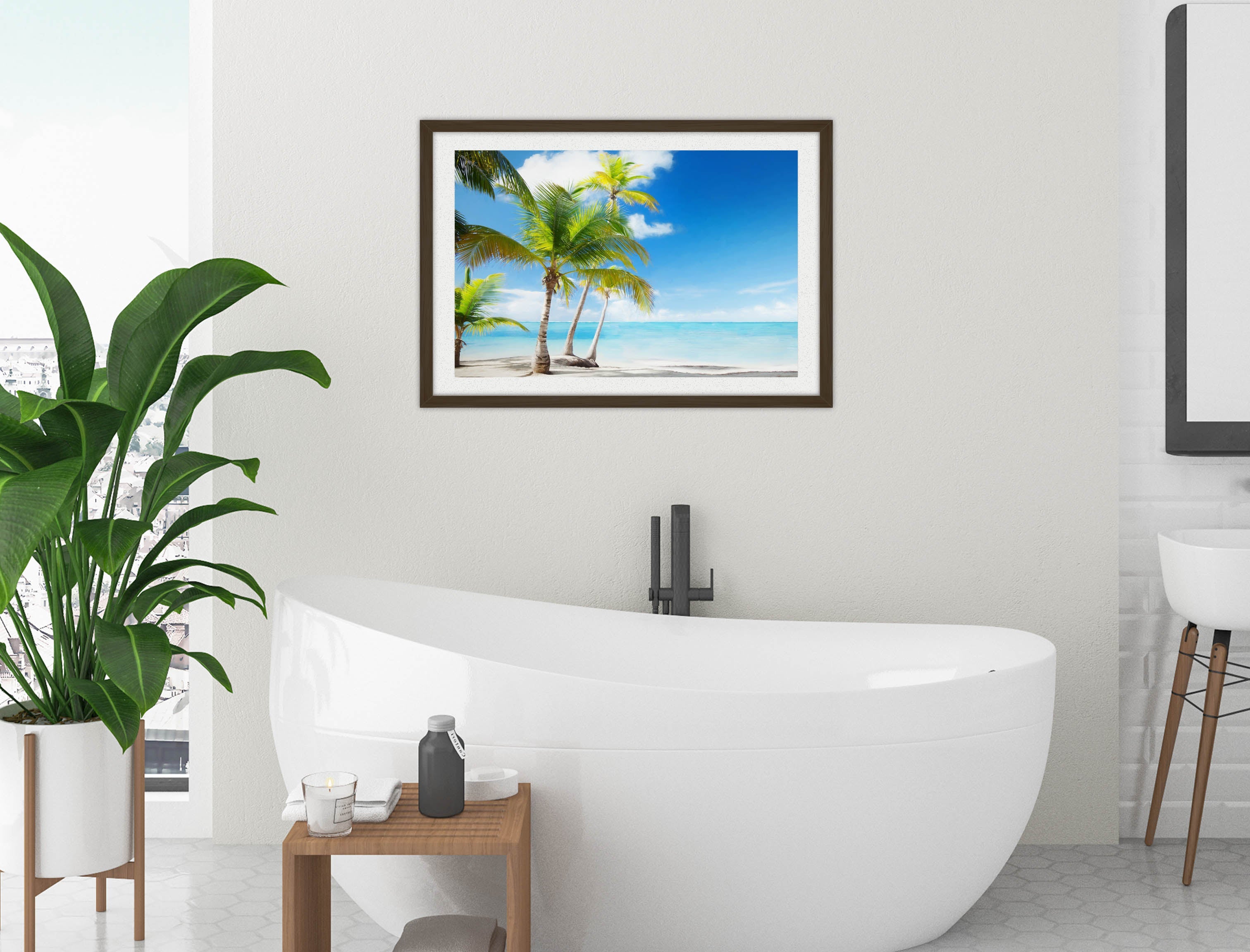 Tropical Beach & Palm Trees  -Framed Photo - Black Frame on Bathroom Wall