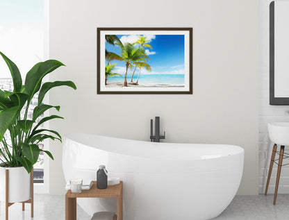 Tropical Beach & Palm Trees  -Framed Photo - Black Frame on Bathroom Wall