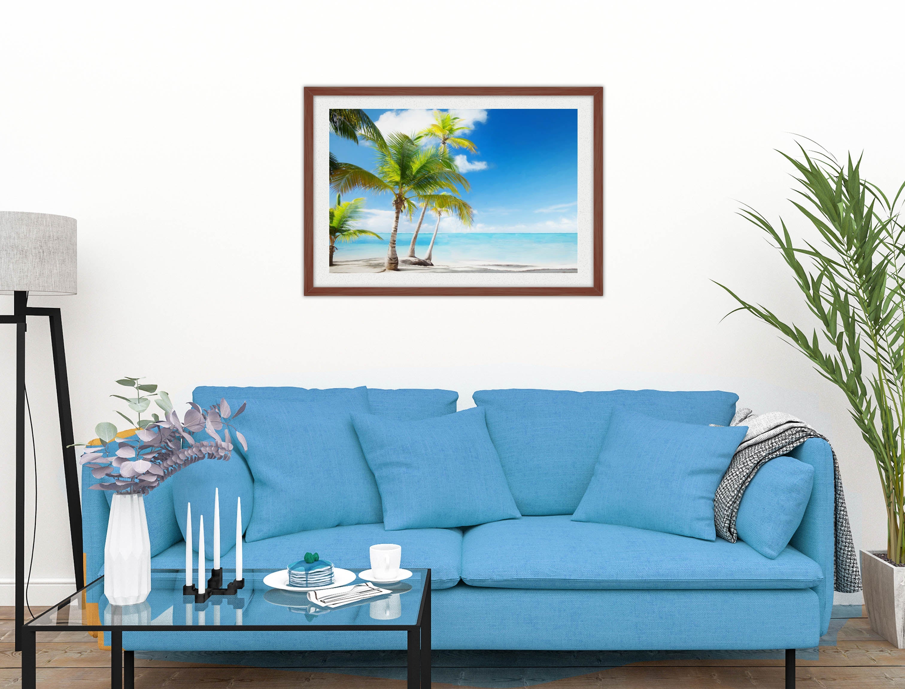 Tropical Beach & Palm Trees  -Framed Photo - Mahogany on Living Room1 Wall-2