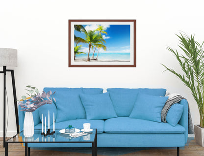 Tropical Beach & Palm Trees  -Framed Photo - Mahogany on Living Room1 Wall-2