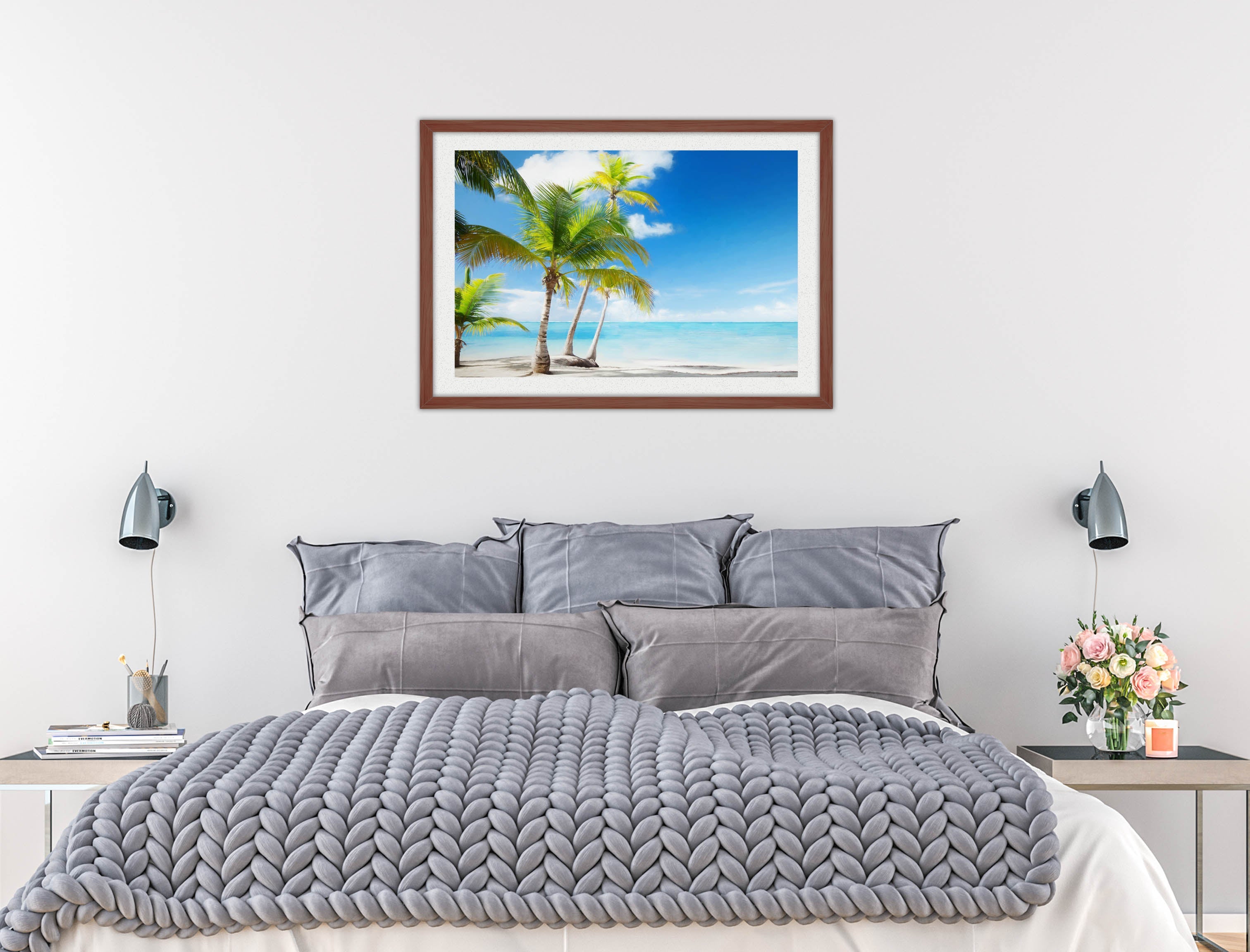 Tropical Beach & Palm Trees  -Framed Photo - Mahogany Frame on Bedroom Wall