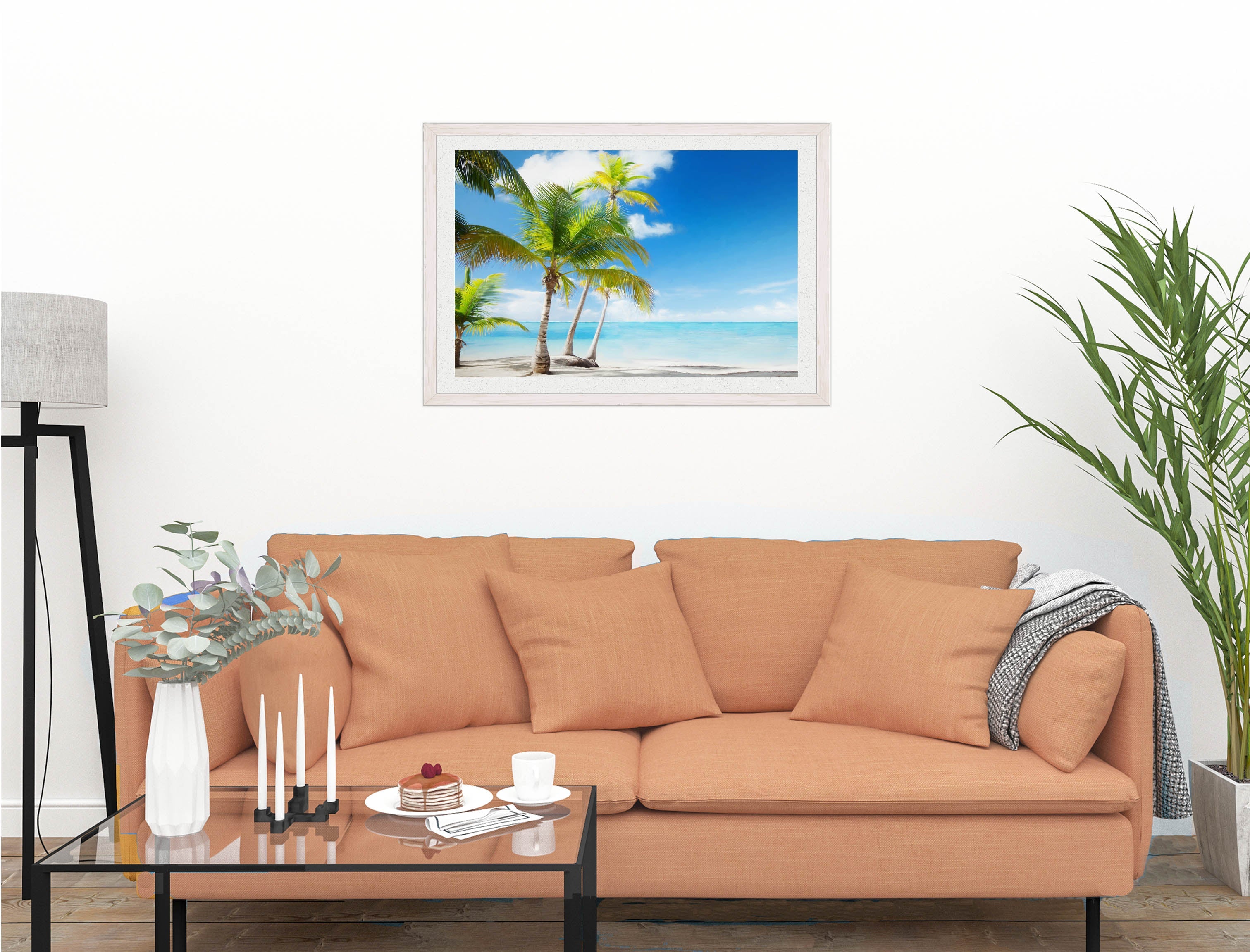 Tropical Beach & Palm Trees  -Framed Photo - White on Living Room1 Wall-1
