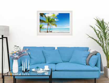 Tropical Beach & Palm Trees  -Framed Photo - White on Living Room1 Wall-2