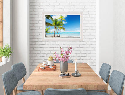 Tropical Beach & Palm Trees  -Framed Photo - White on Dining Room Room Wall