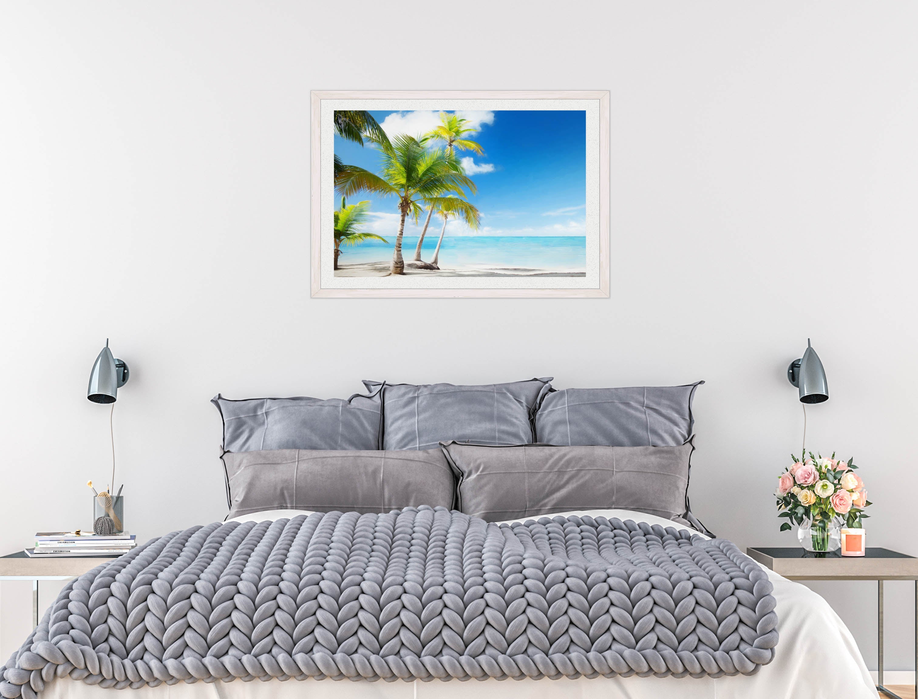 Tropical Beach & Palm Trees  -Framed Photo - White on Bedroom Wall