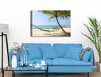 Lazy Day on the Beach - Hammock  - Canvas Wrap on Living Room Wall - Blue Sofa