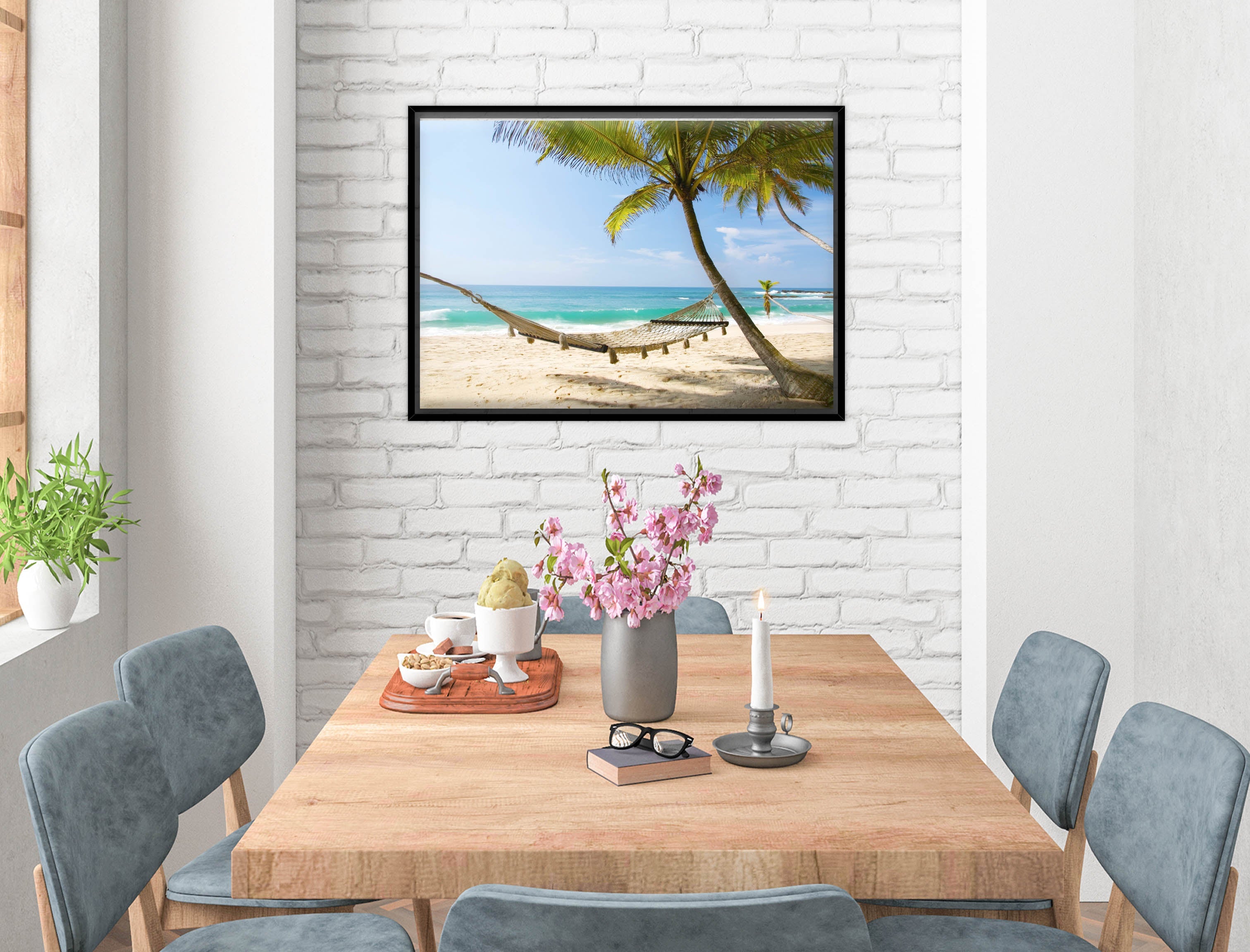Lazy Day on the Beach - Hammock  - Canvas Wrap - Black Frame on Dining Room Room Wall