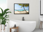 Lazy Day on the Beach - Hammock  - Canvas Wrap - Black Frame on Bathroom Wall