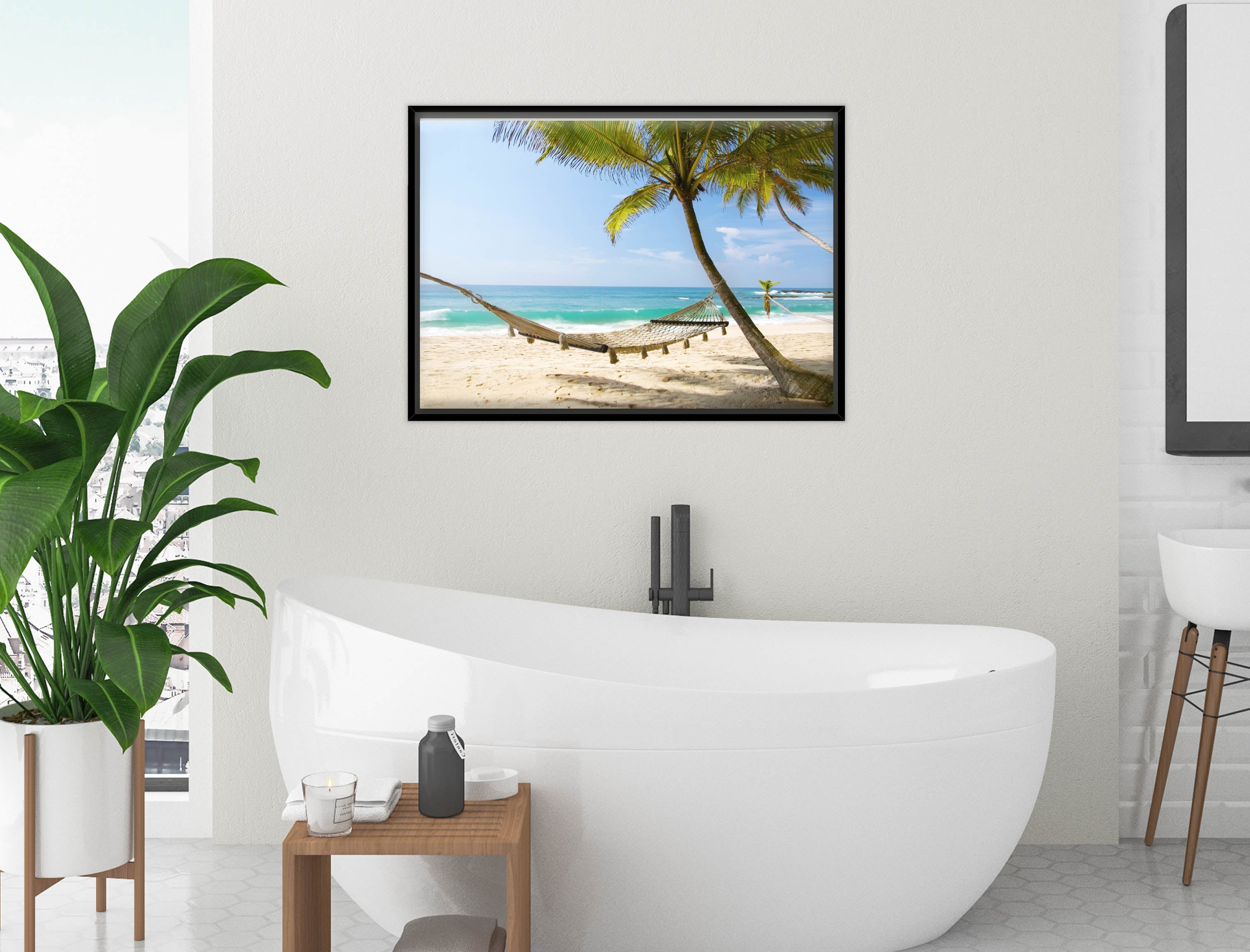 Lazy Day on the Beach - Hammock  - Canvas Wrap - Black Frame on Bathroom Wall