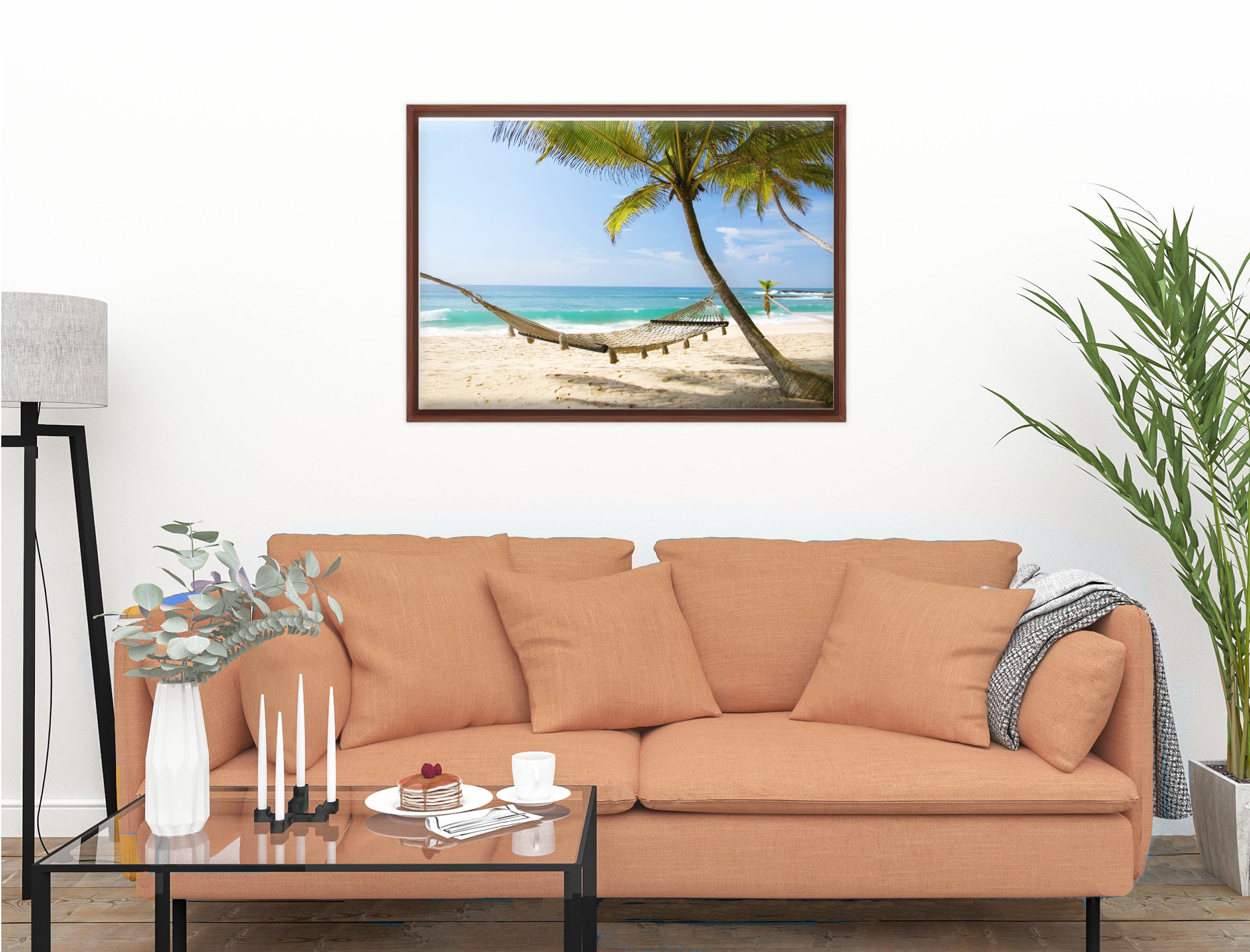 Lazy Day on the Beach - Hammock  - Canvas Wrap - Mahogany Frame on Living Room Wall-1