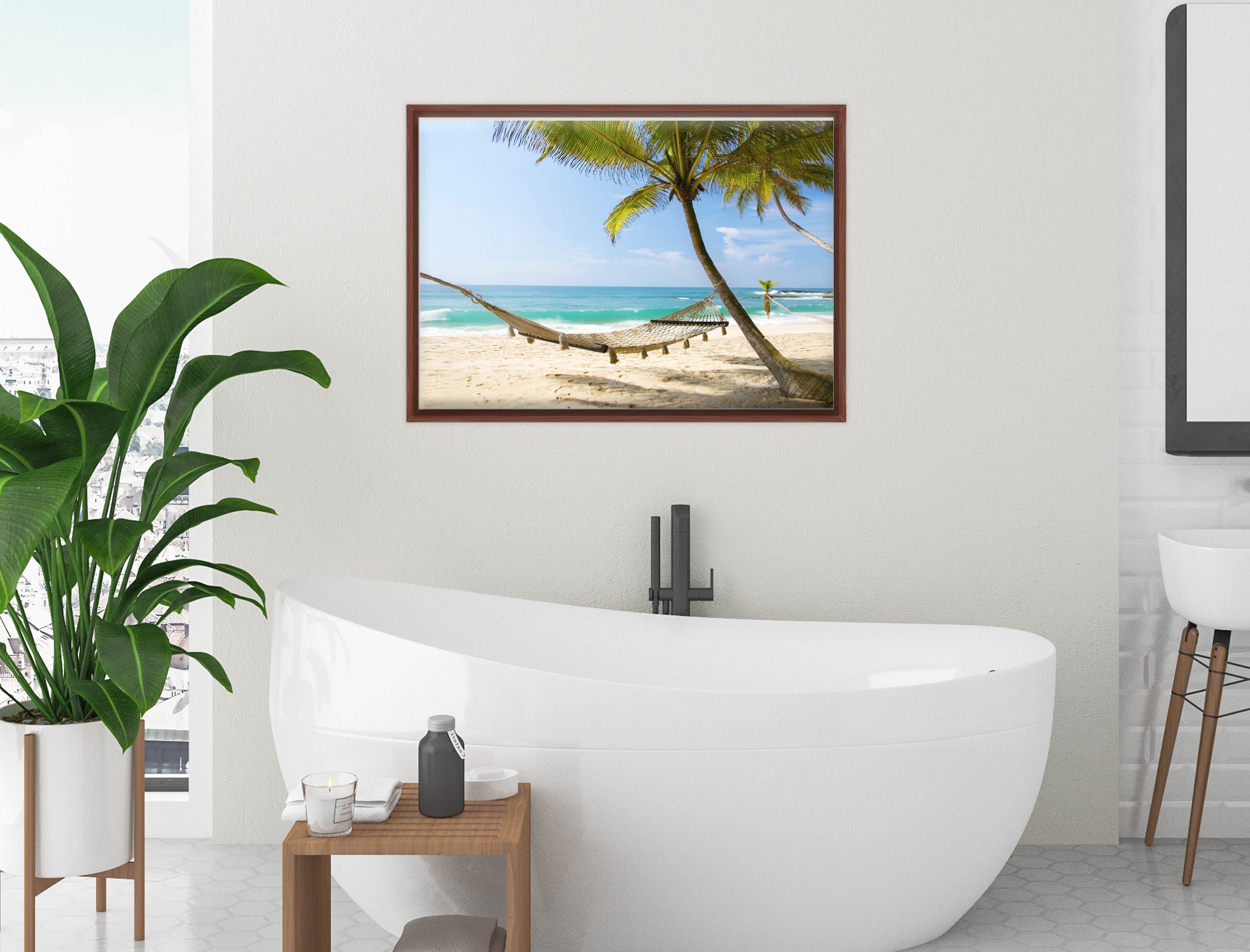 Lazy Day on the Beach - Hammock  - Canvas Wrap - Mahogany Frame on Bathroom Wall