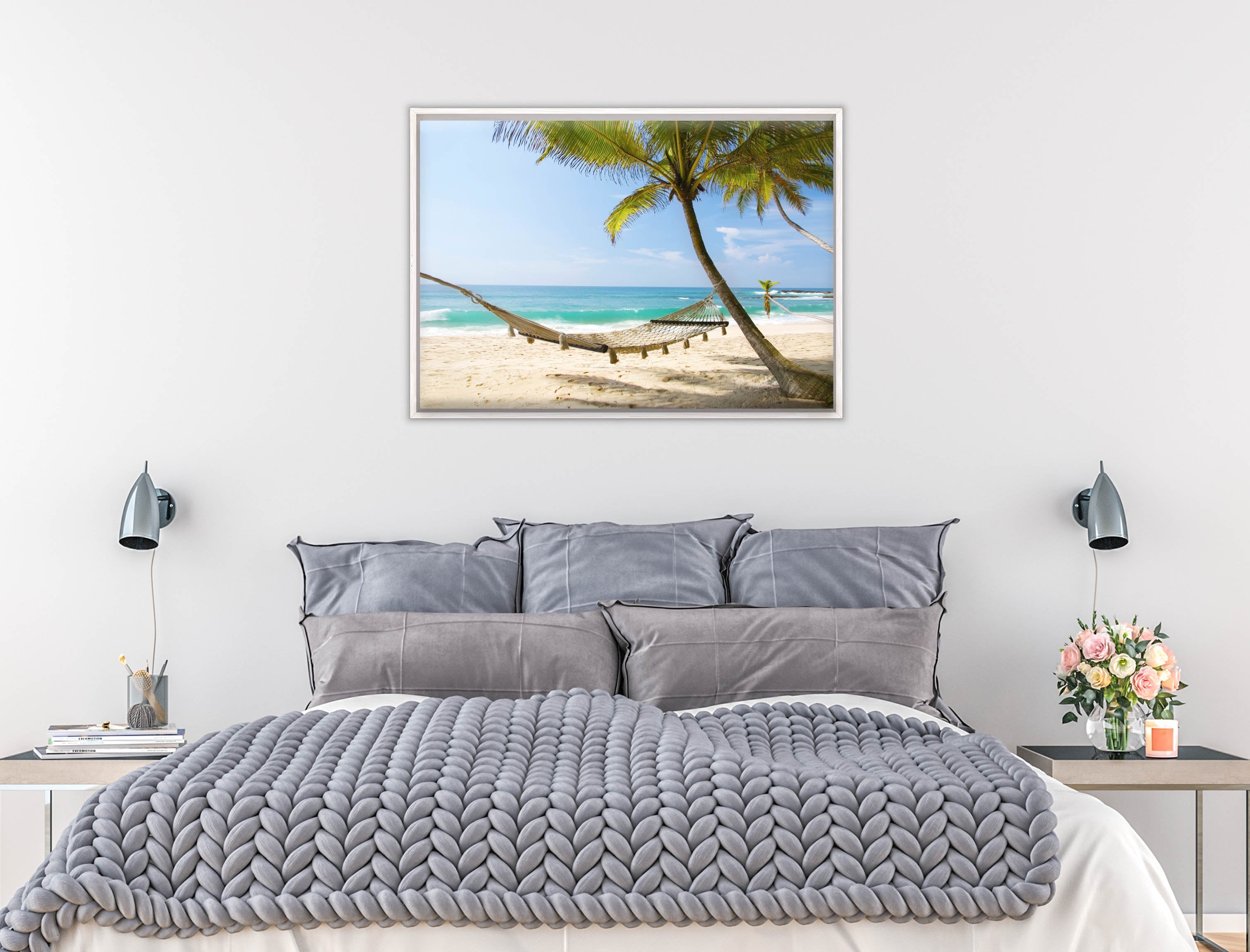 Lazy Day on the Beach - Hammock  - Canvas Wrap - White Frame on Bedroom Wall