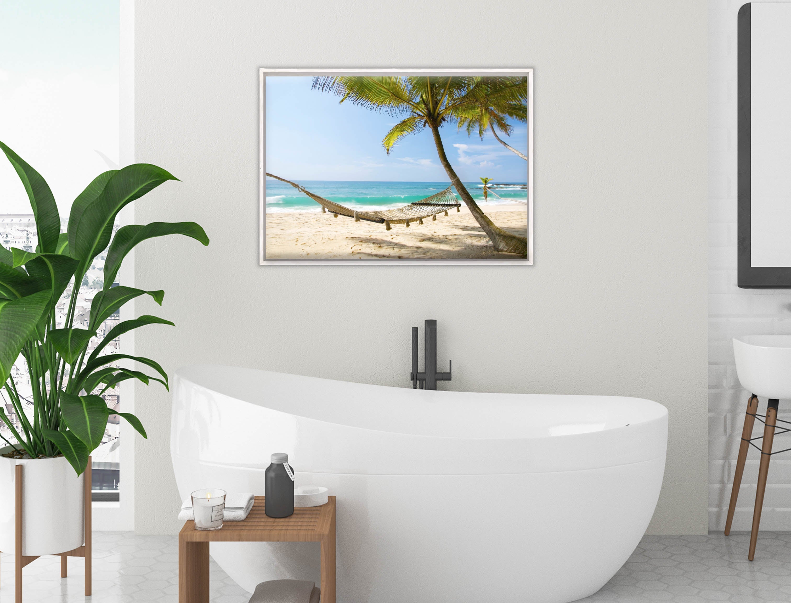 Lazy Day on the Beach - Hammock  - Canvas Wrap - White Frame on Bathroom Wall