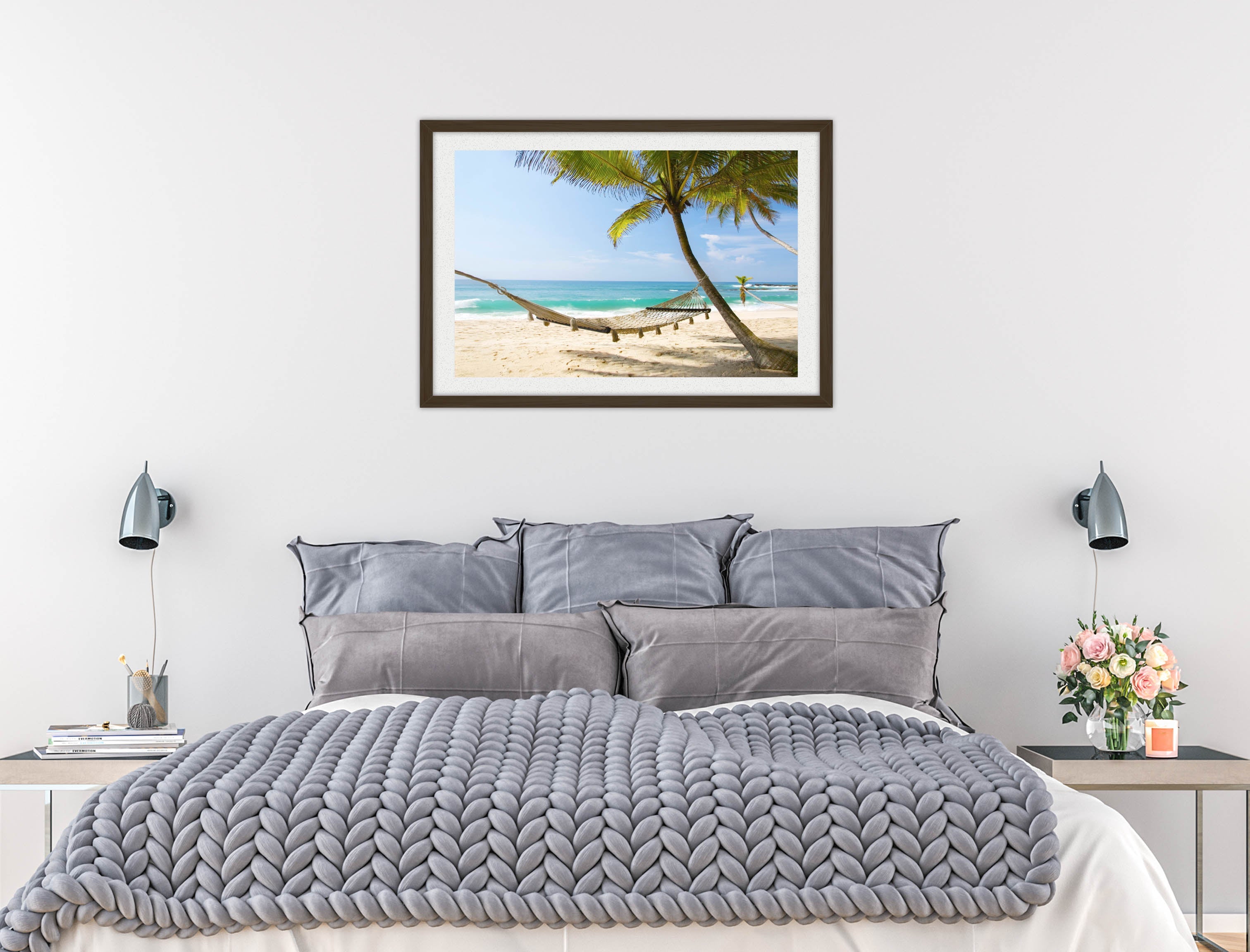 Lazy Day on the Beach - Hammock  - Framed Photo - Black Frame on Bedroom Wall