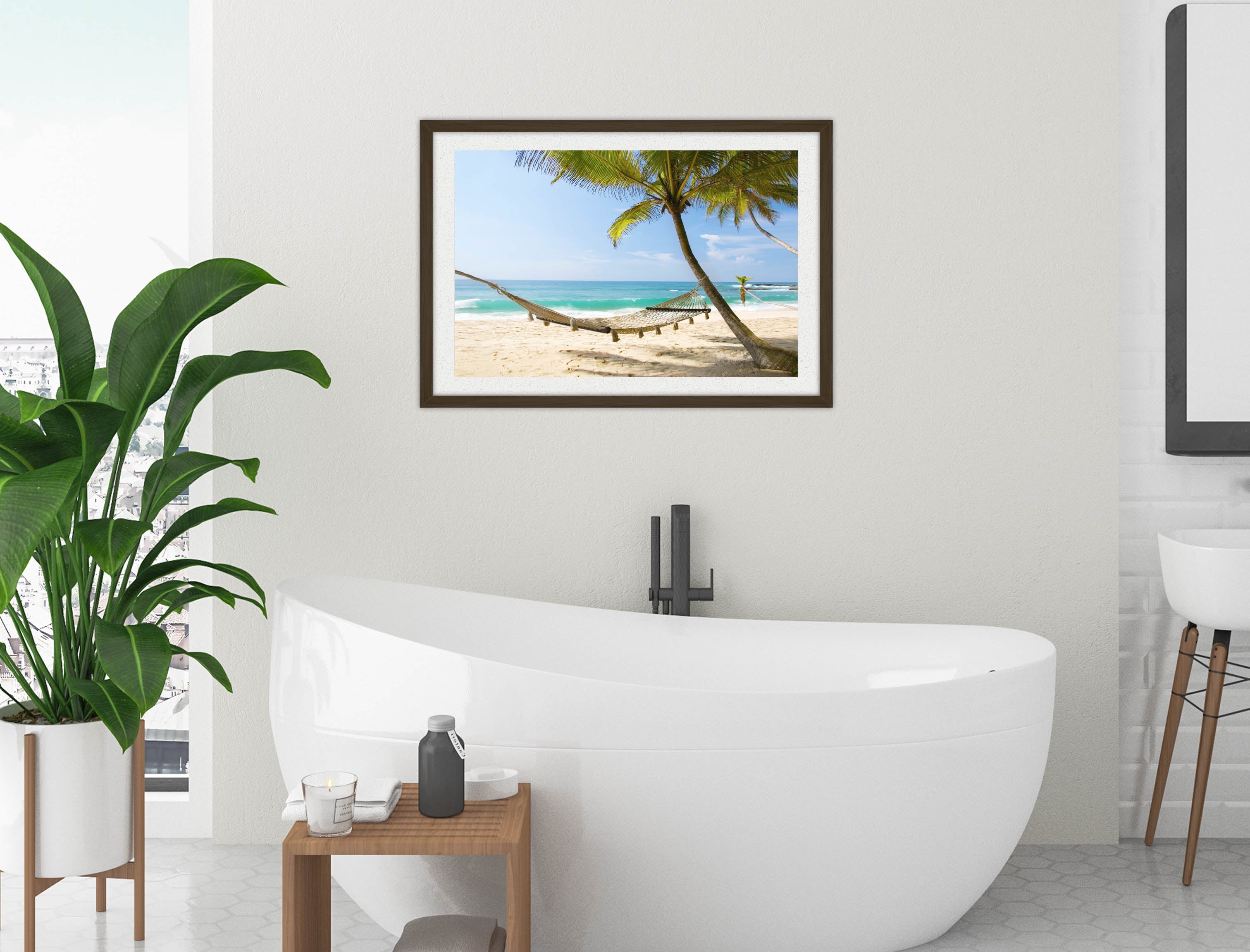 Lazy Day on the Beach - Hammock  - Framed Photo - Black Frame on Bathroom Wall