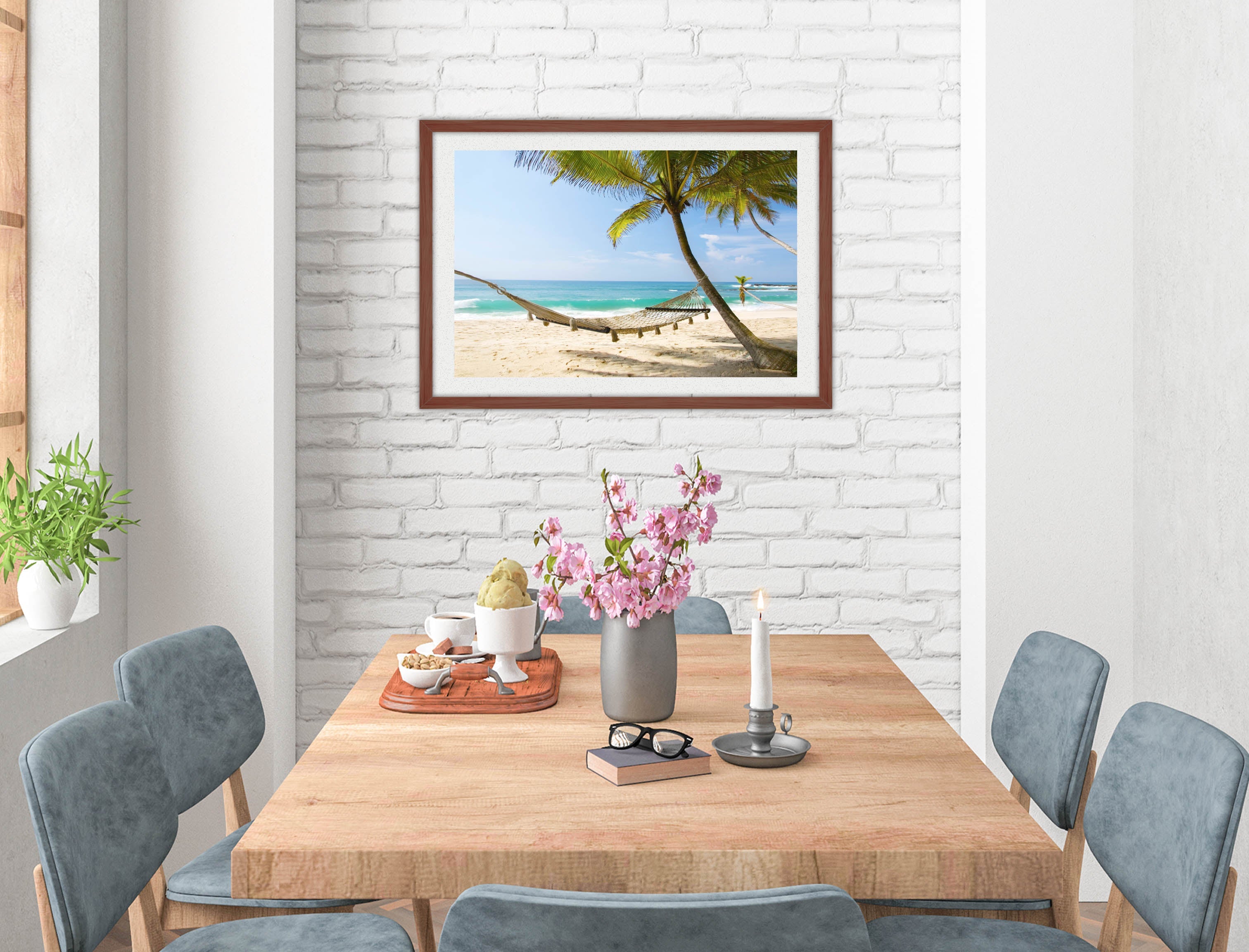 Lazy Day on the Beach - Hammock  - Framed Photo - Mahogany on Dining Room Room Wall