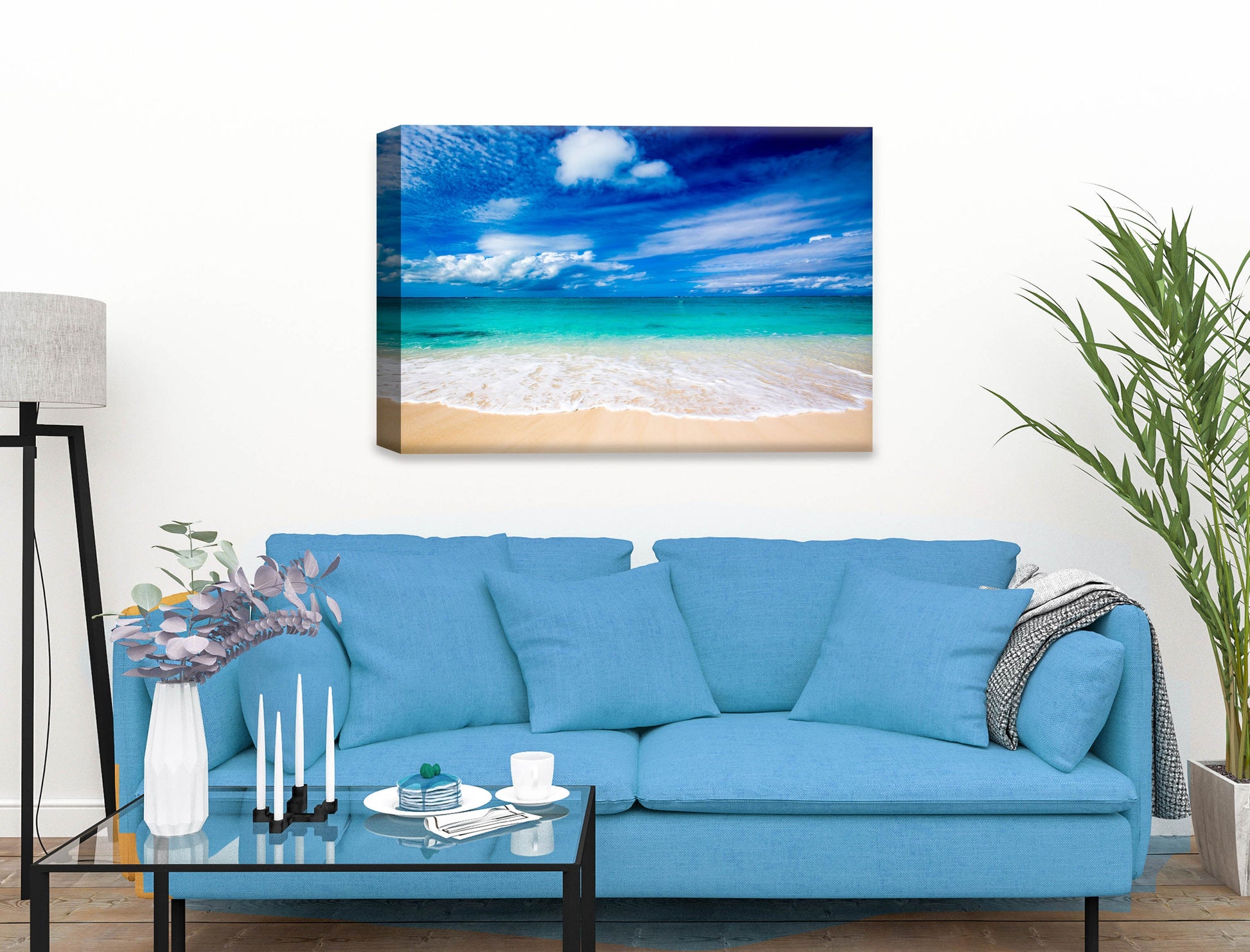 White Sand Beach - Evening on the Pond - Canvas Wrap on Living Room Wall - Blue Sofa
