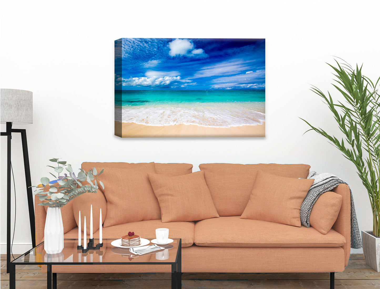 White Sand Beach - Evening on the Pond - Canvas Wrap on Living Room Wall - Beige Sofa