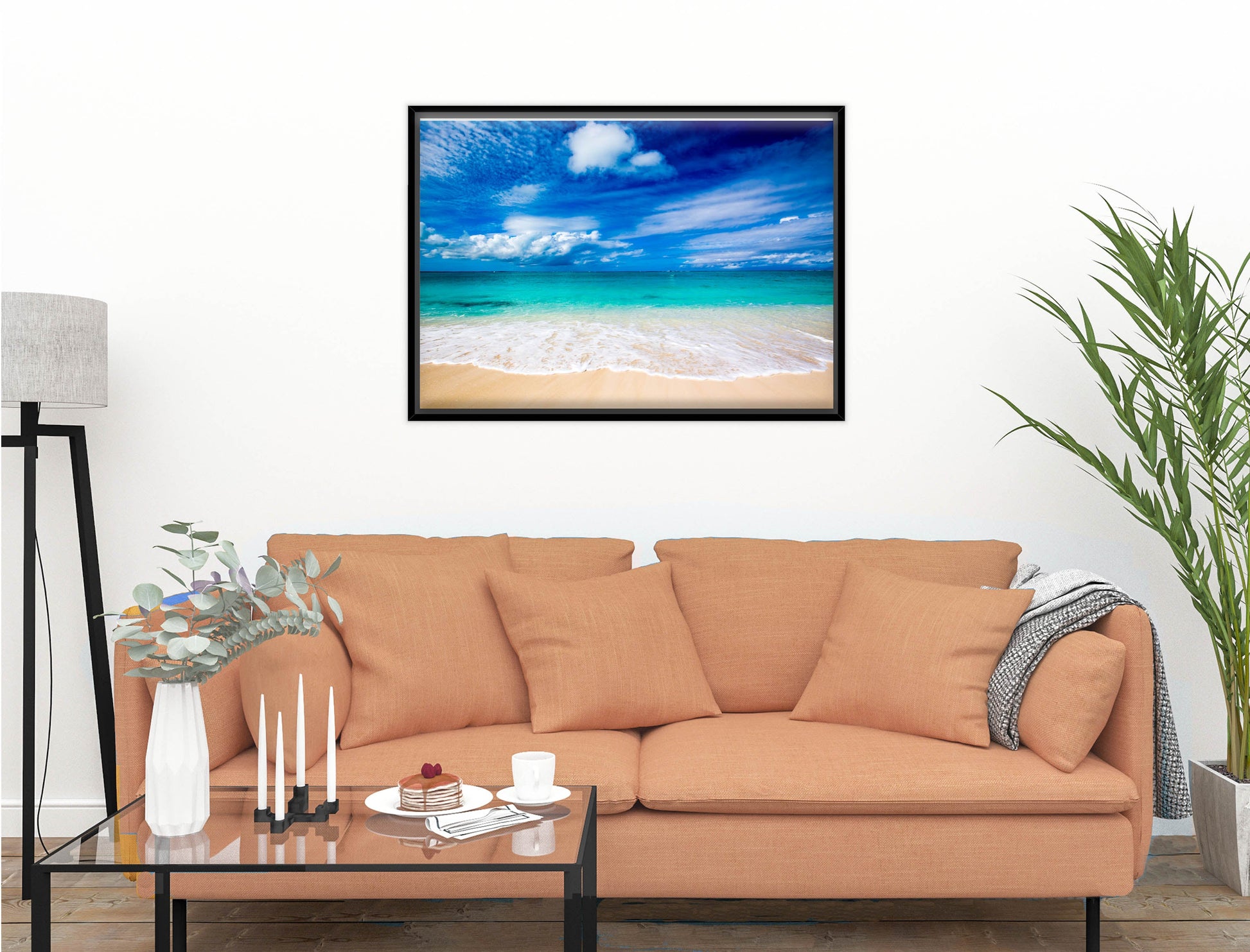 White Sand Beach - Evening on the Pond - Canvas Wrap - Black Frame on Living Room Wall-1
