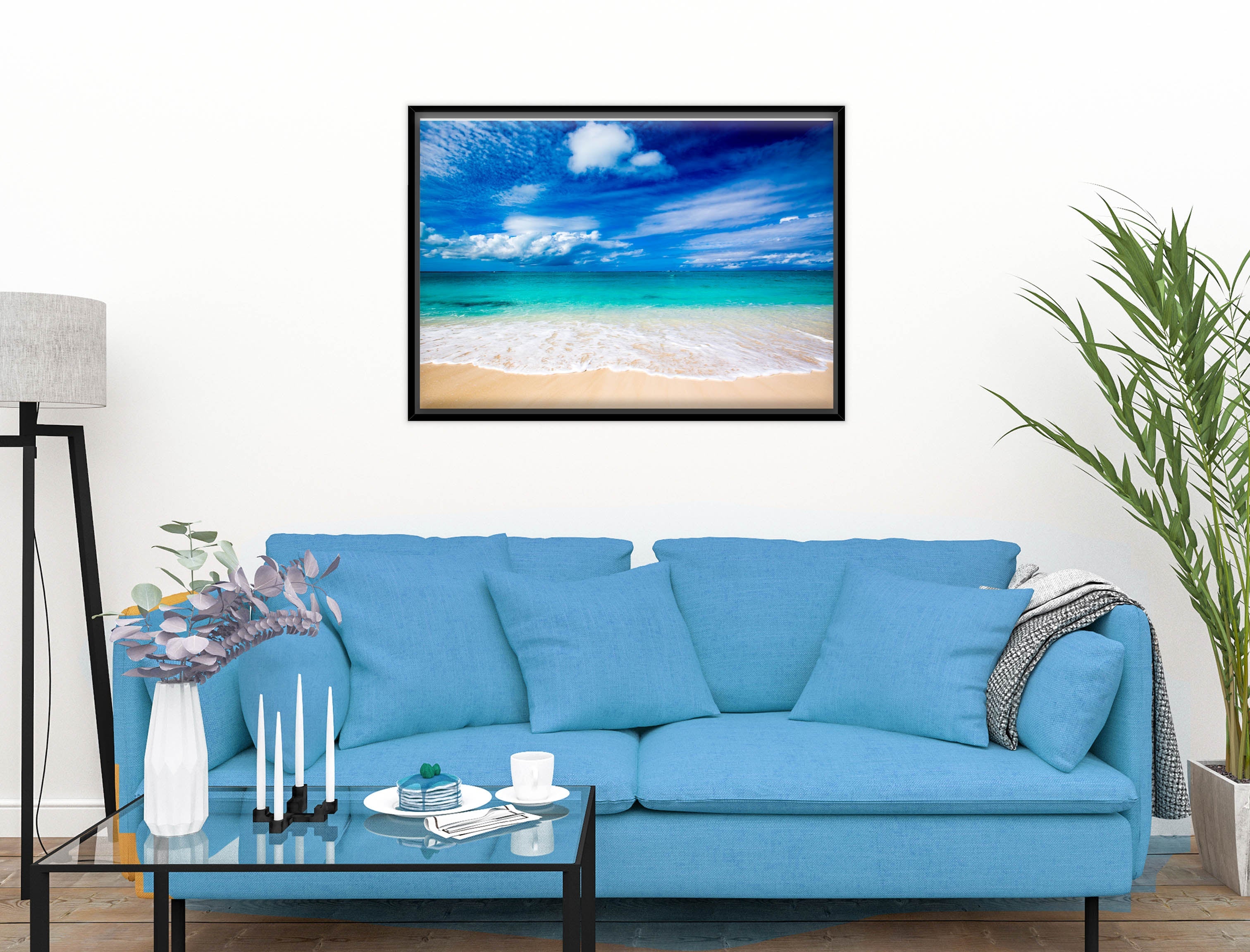 White Sand Beach - Evening on the Pond - Canvas Wrap - Black Frame on Living Room Wall-2