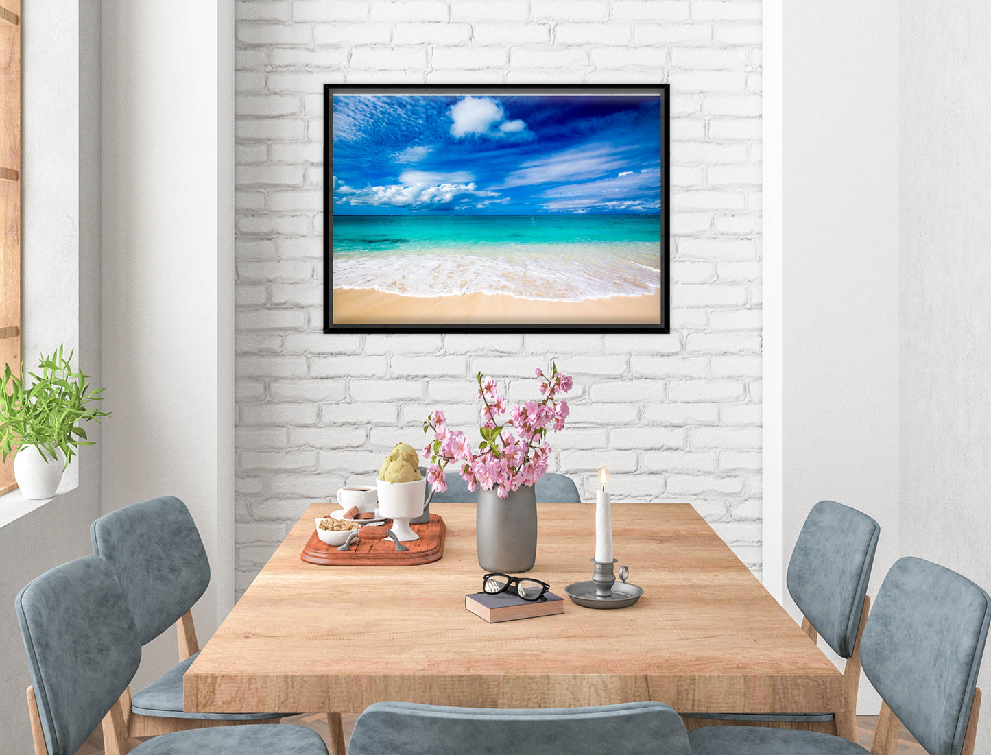 White Sand Beach - Evening on the Pond - Canvas Wrap - Black Frame on Dining Room Room Wall