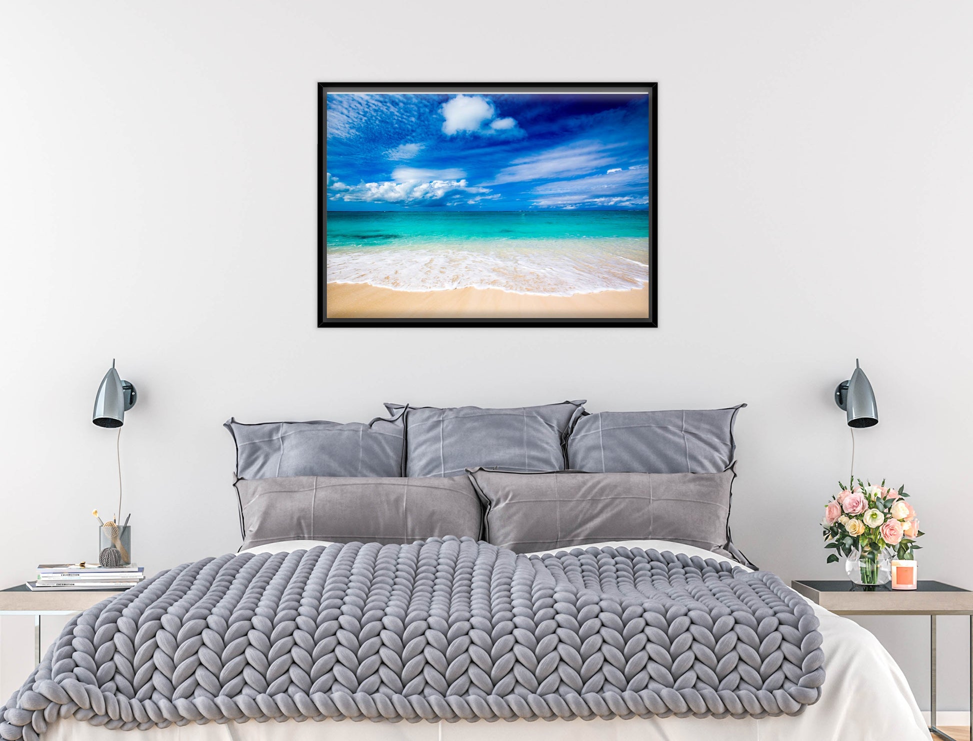 White Sand Beach - Evening on the Pond - Canvas Wrap - Black Frame on Bedroom Wall