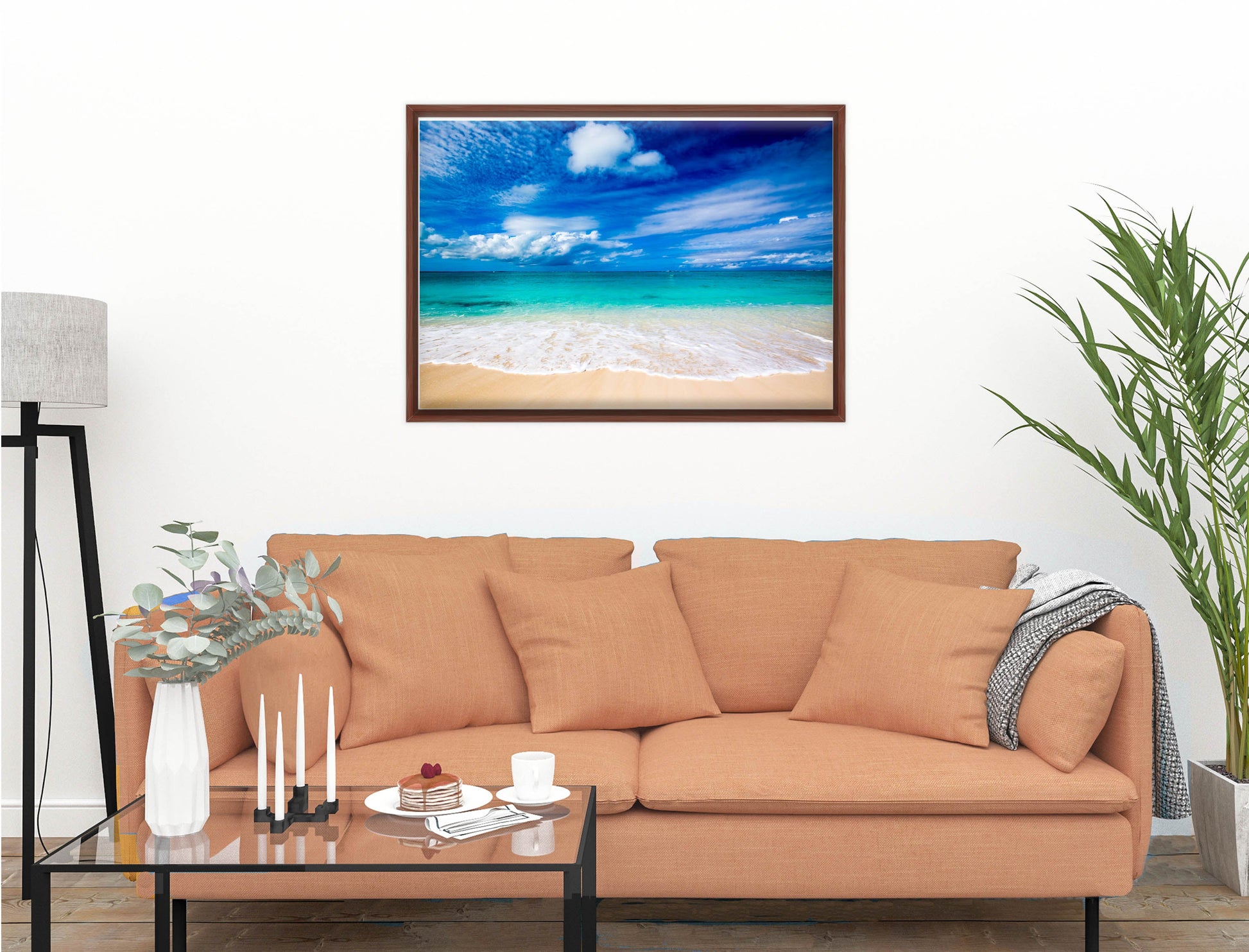 White Sand Beach - Evening on the Pond - Canvas Wrap - Mahogany Frame on Living Room Wall-1