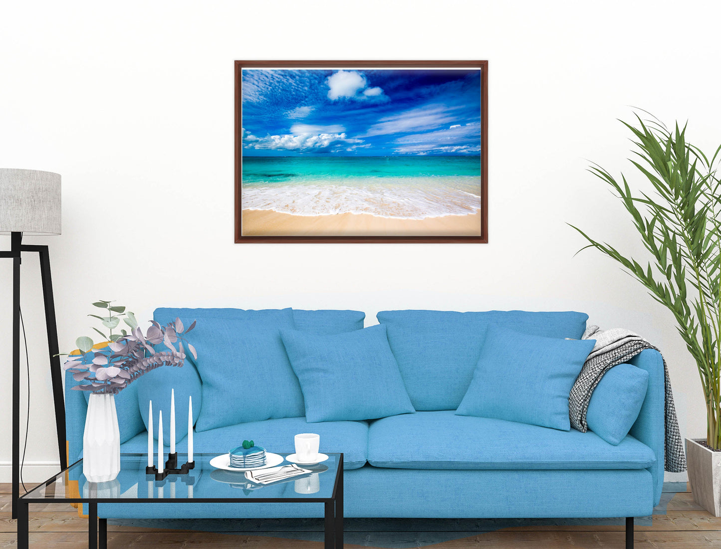 White Sand Beach - Evening on the Pond - Canvas Wrap - Mahogany Frame on Living Room Wall-2