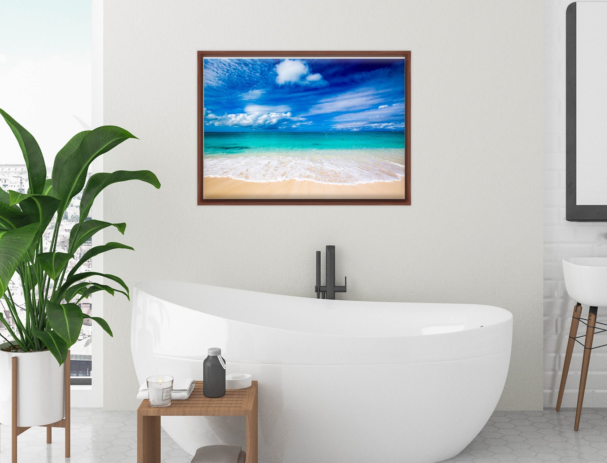 White Sand Beach - Evening on the Pond - Canvas Wrap - Mahogany Frame on Bathroom Wall