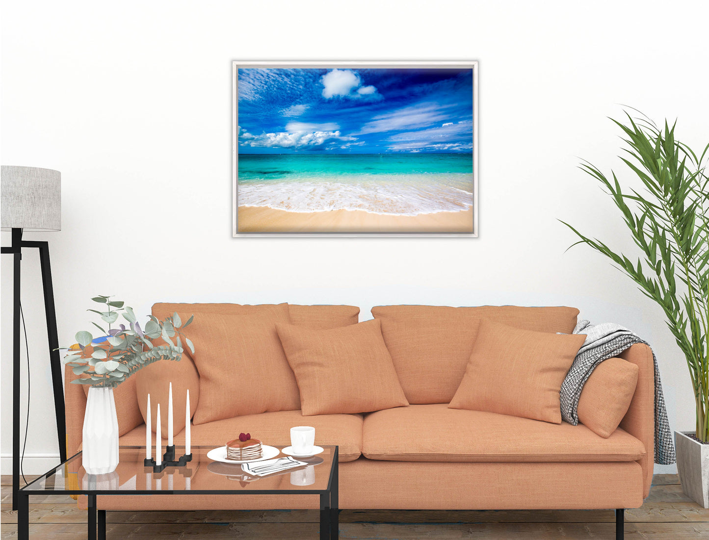 White Sand Beach - Evening on the Pond - Canvas Wrap - White Frame on Living Room Wall-1