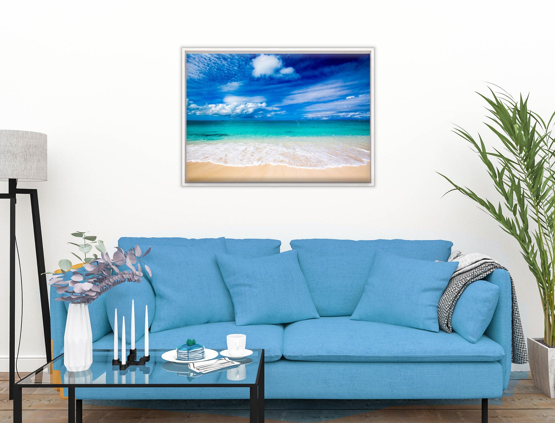 White Sand Beach - Evening on the Pond - Canvas Wrap - White Frame on Living Room Wall-2