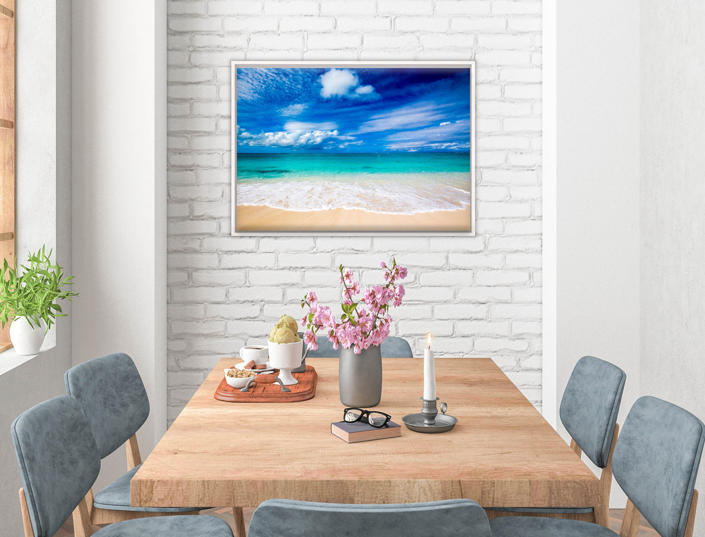 White Sand Beach - Evening on the Pond - Canvas Wrap - White Frame on Dining Room Room Wall