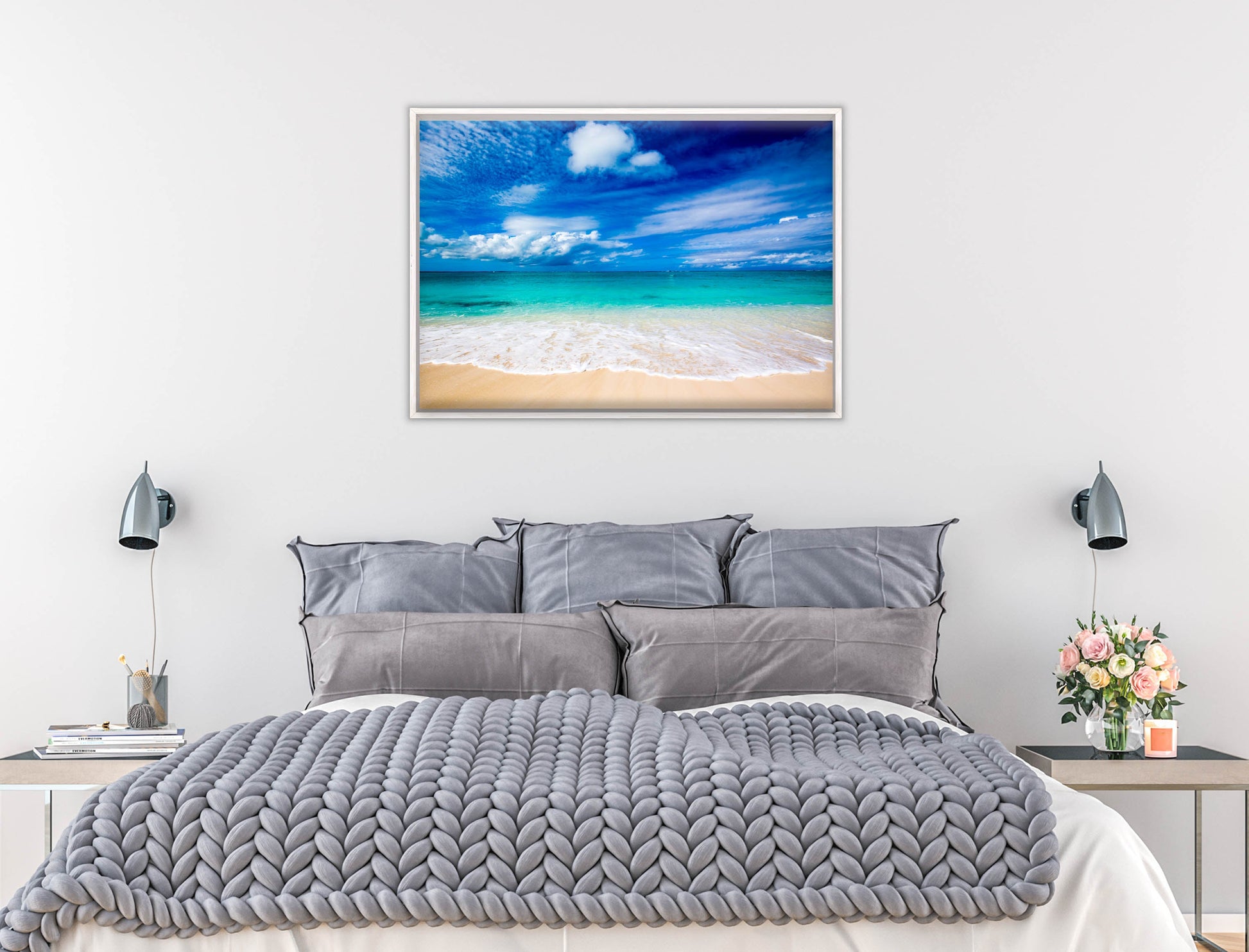 White Sand Beach - Evening on the Pond - Canvas Wrap - White Frame on Bedroom Wall