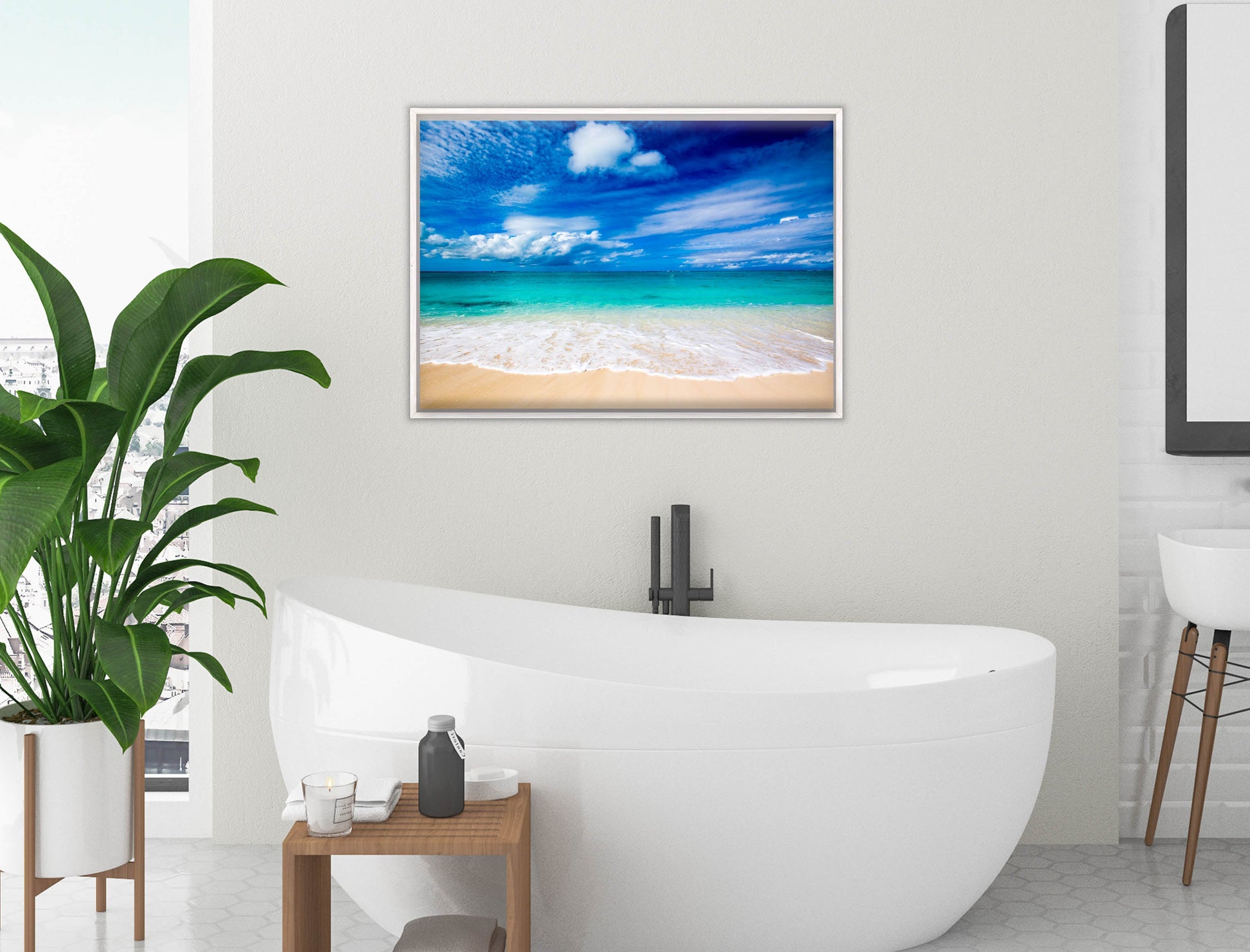 White Sand Beach - Evening on the Pond - Canvas Wrap - White Frame on Bathroom Wall