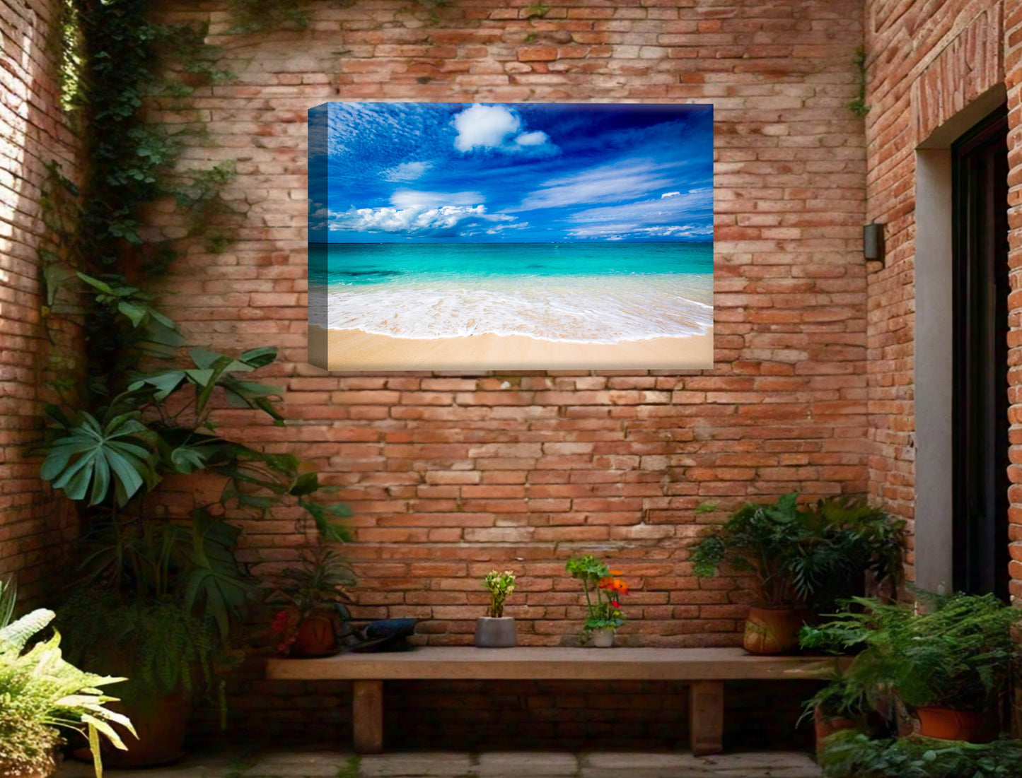 White Sand Beach - Evening on the Pond - Canvas Wrap - Waterproof on Patio 3 Wall