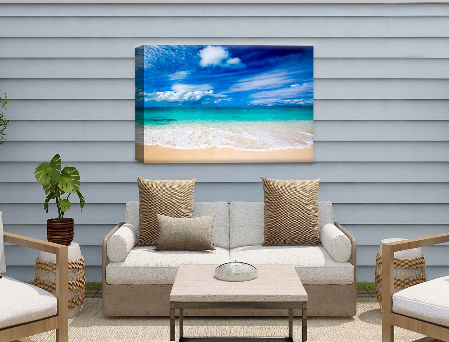 White Sand Beach - Evening on the Pond - Canvas Wrap - Waterproof on Patio 1 Wall