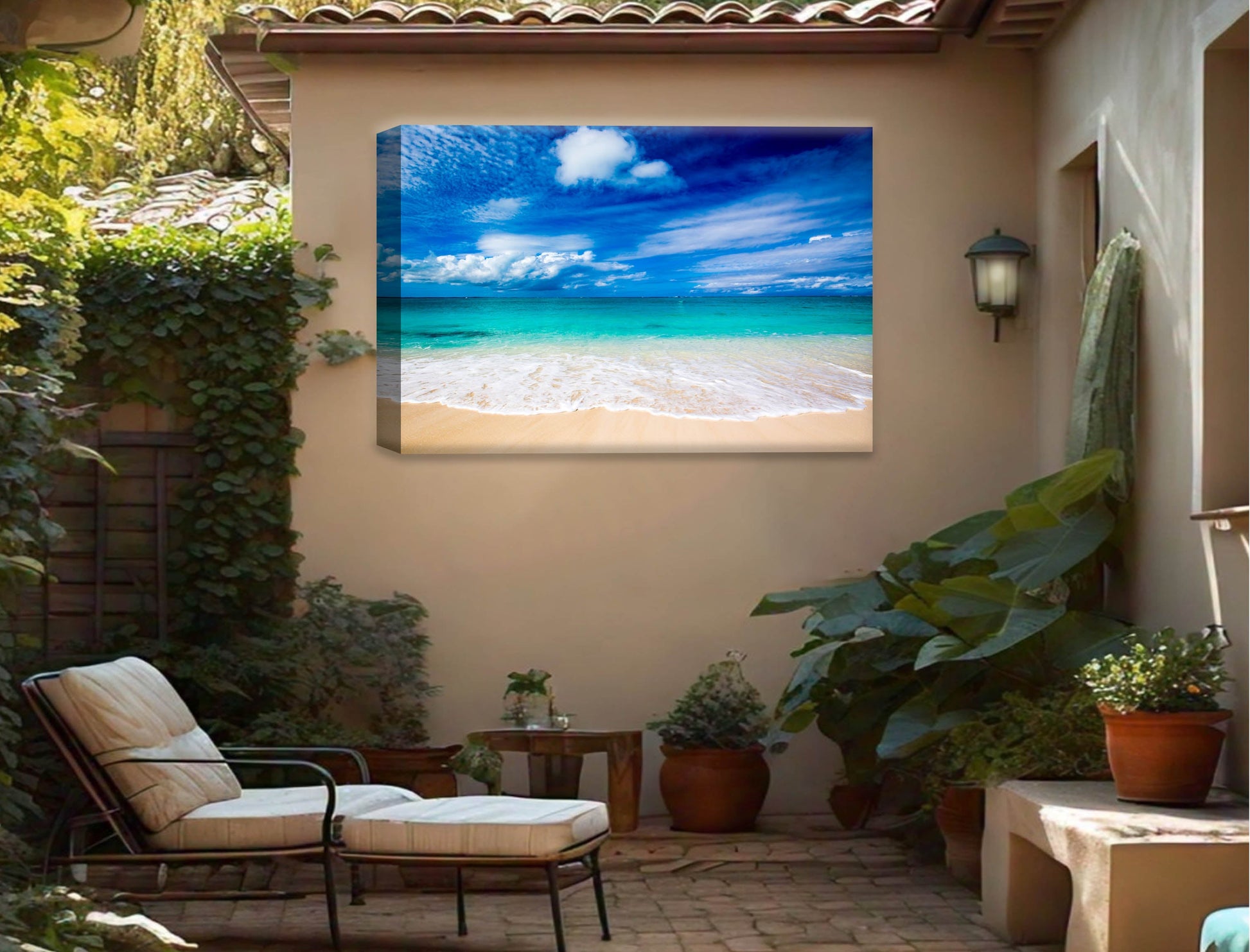 White Sand Beach - Evening on the Pond - Canvas Wrap - Waterproof on Patio 4 Wall