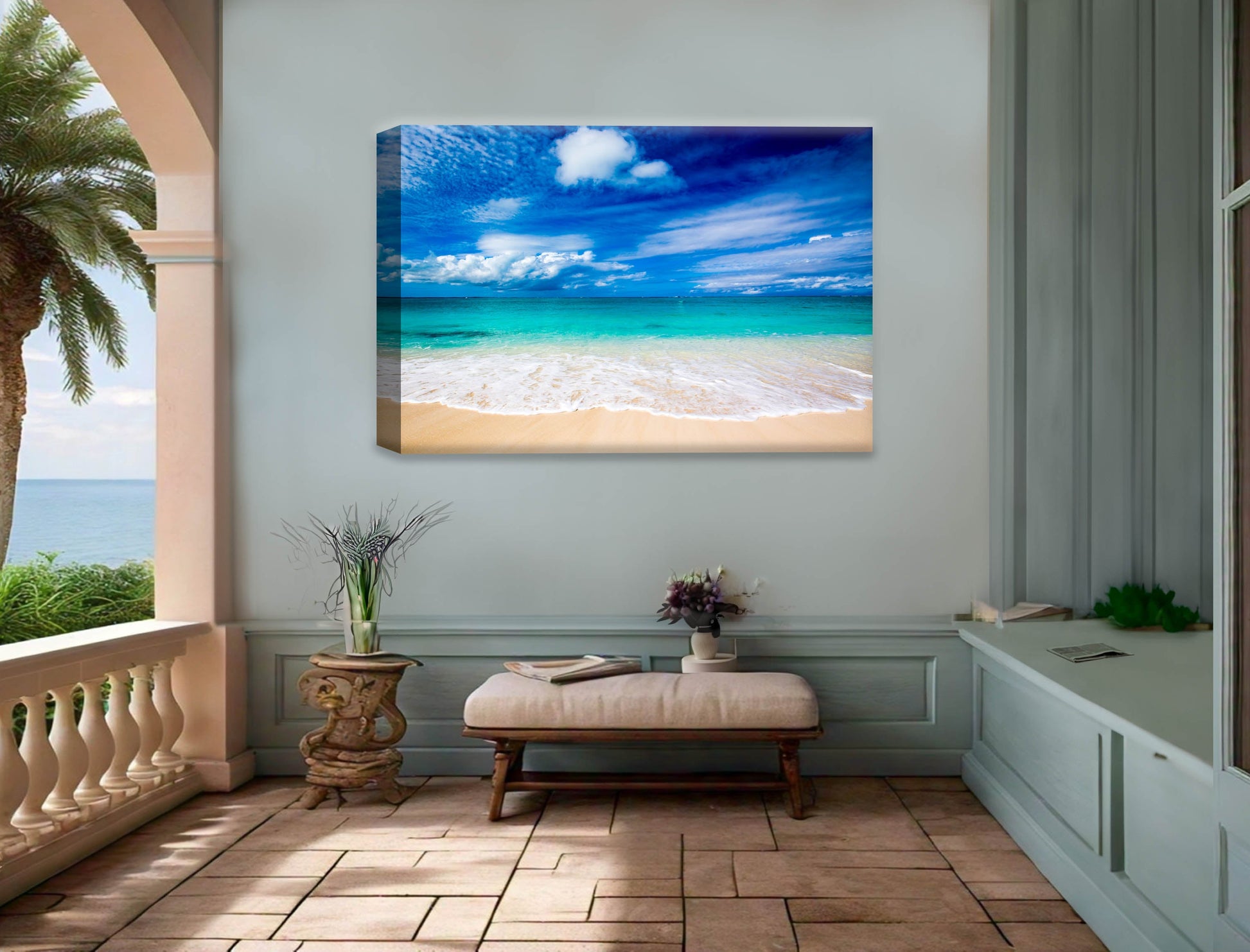 White Sand Beach - Evening on the Pond - Canvas Wrap - Waterproof on Patio 5 Wall