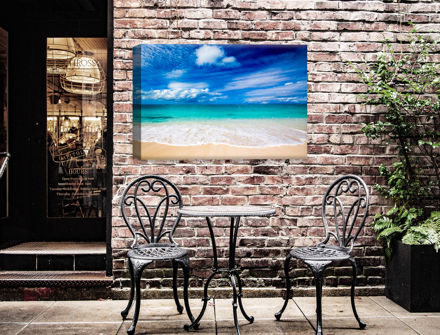 White Sand Beach - Evening on the Pond - Canvas Wrap - Waterproof on Patio 2 Wall