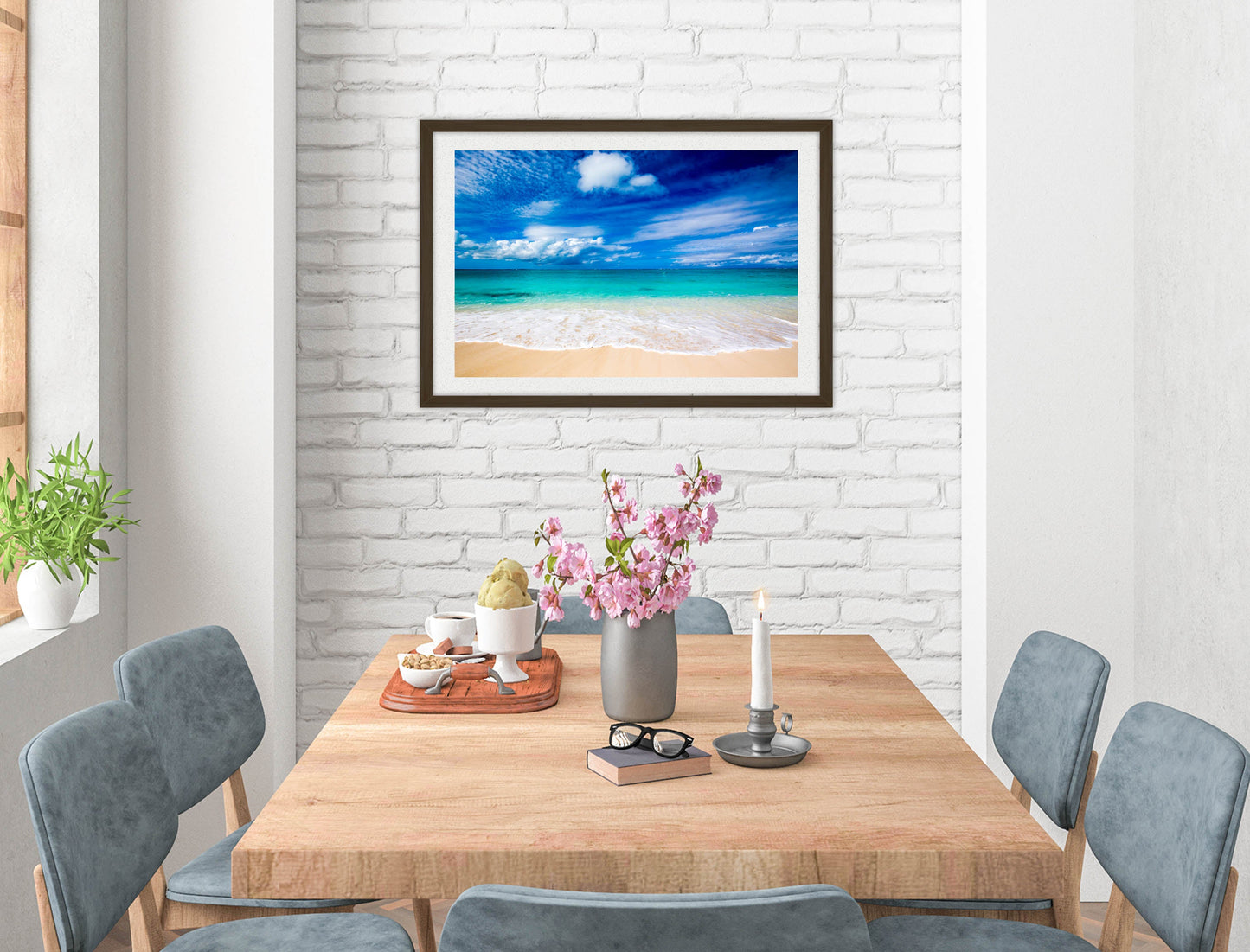 White Sand Beach - Evening on the Pond - Framed Photo - Black on Dining Room Room Wall