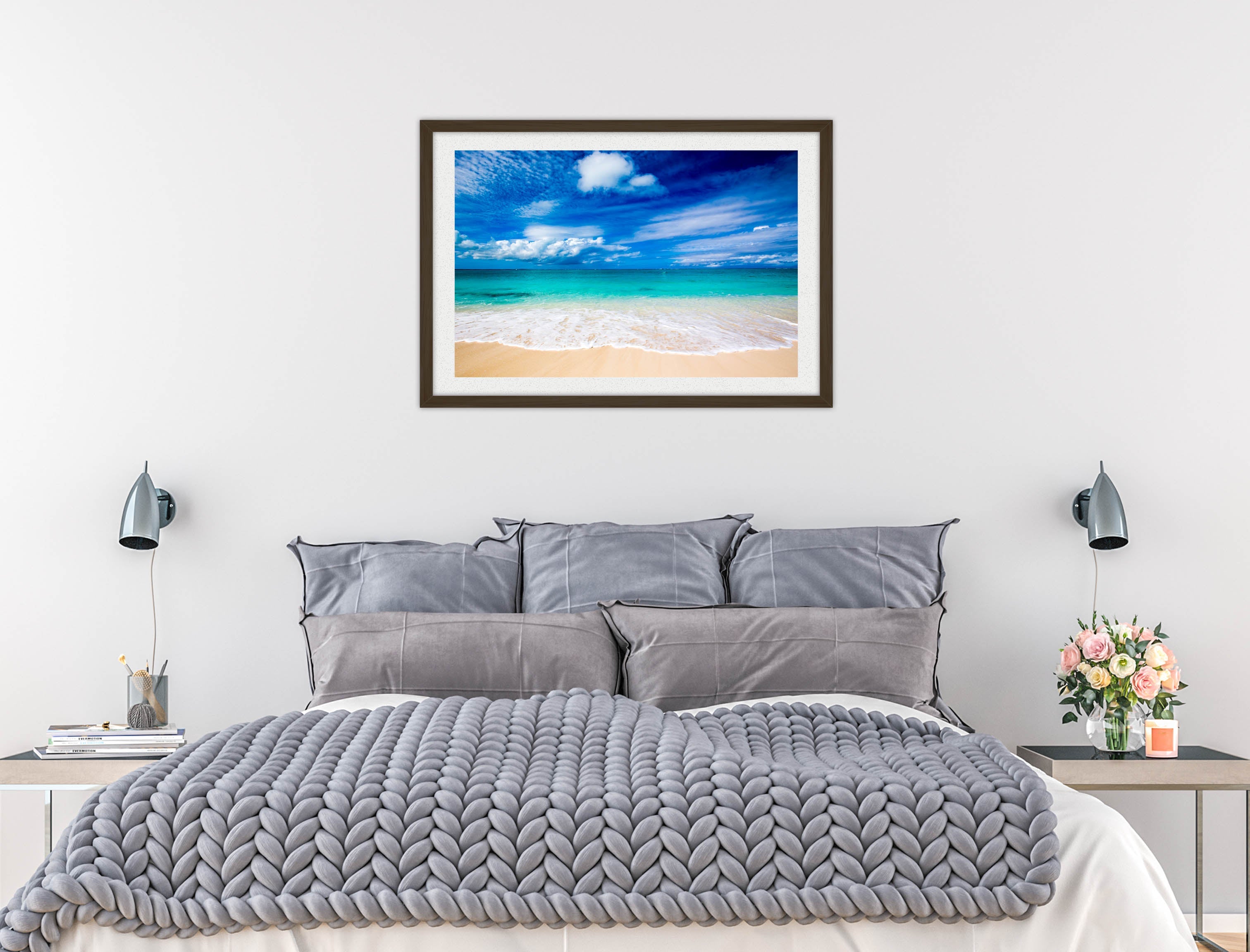 White Sand Beach - Evening on the Pond - Framed Photo - Black Frame on Bedroom Wall