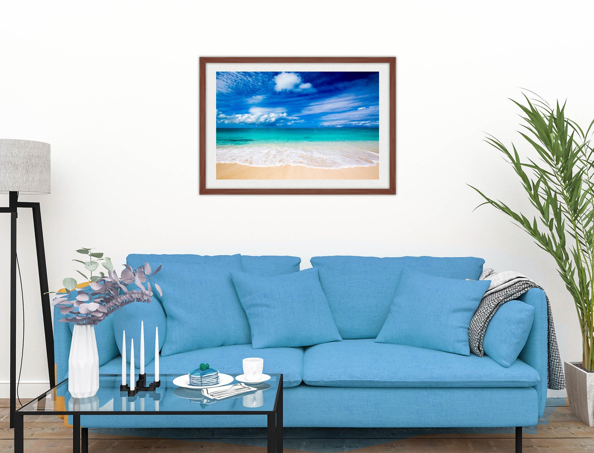 White Sand Beach - Evening on the Pond - Framed Photo - Mahogany on Living Room1 Wall-2