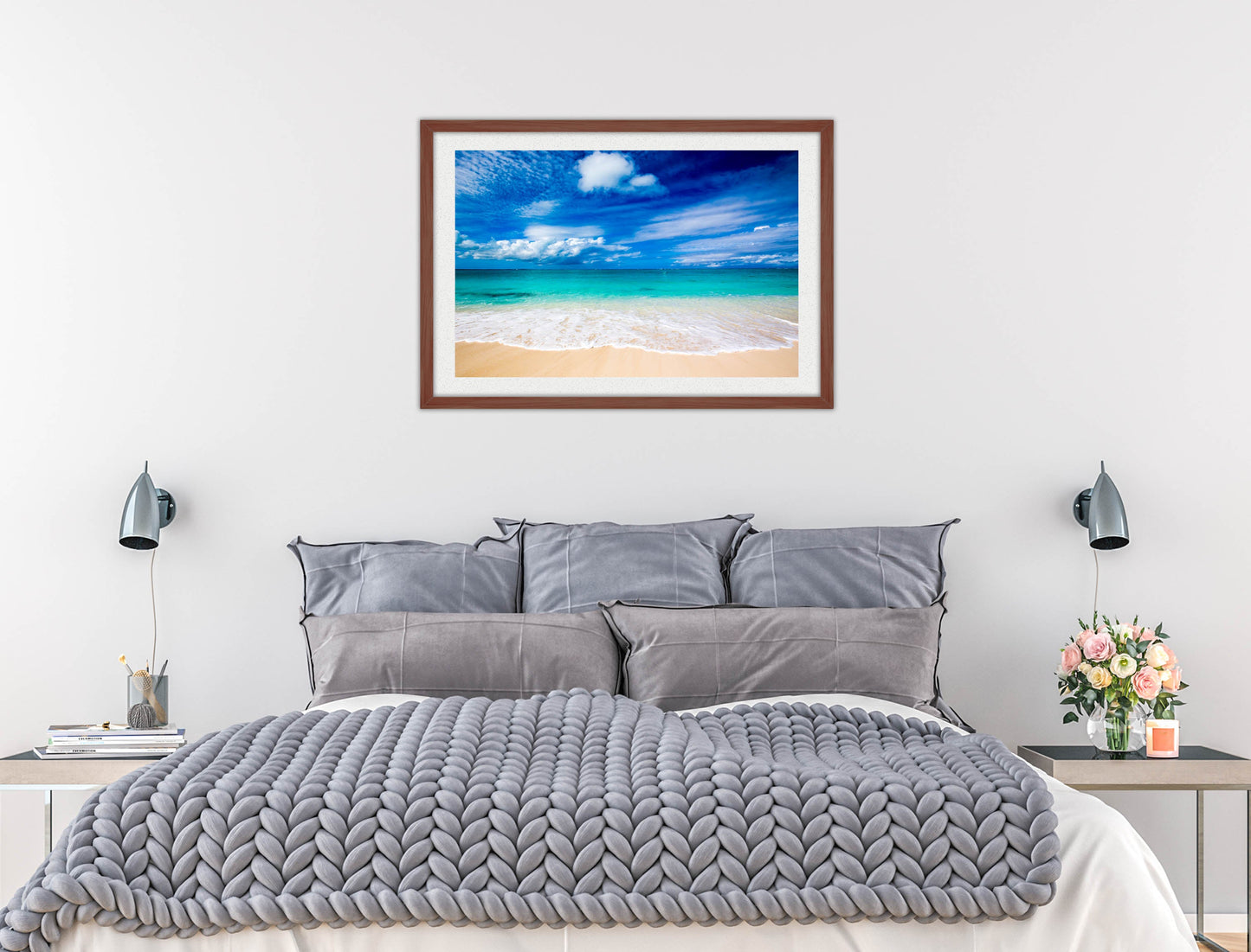White Sand Beach - Evening on the Pond - Framed Photo - Mahogany Frame on Bedroom Wall