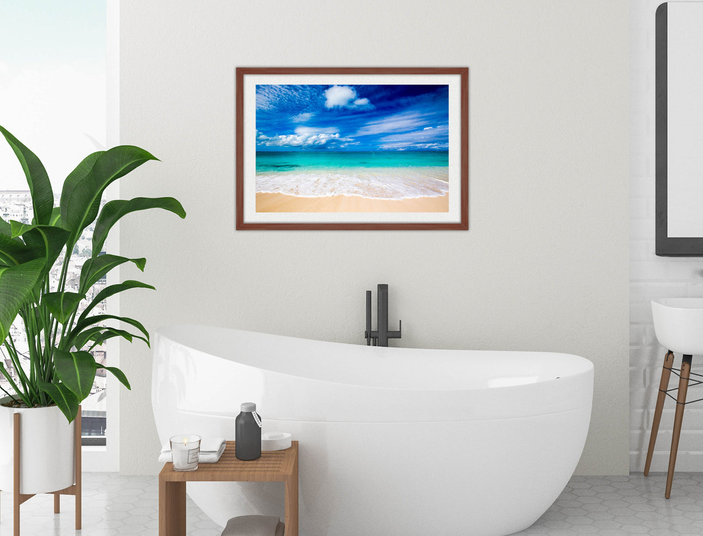 White Sand Beach - Evening on the Pond - Framed Photo - Mahogany Frame on Bathroom Wall