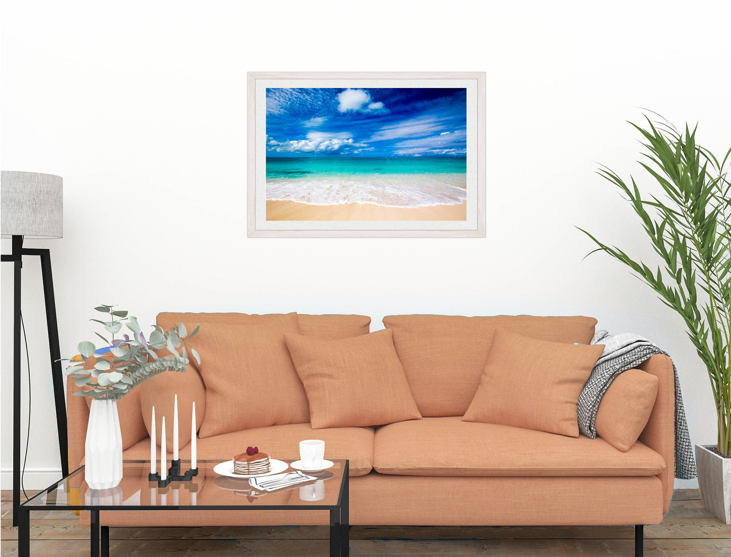 White Sand Beach - Evening on the Pond - Framed Photo - White on Living Room1 Wall-1