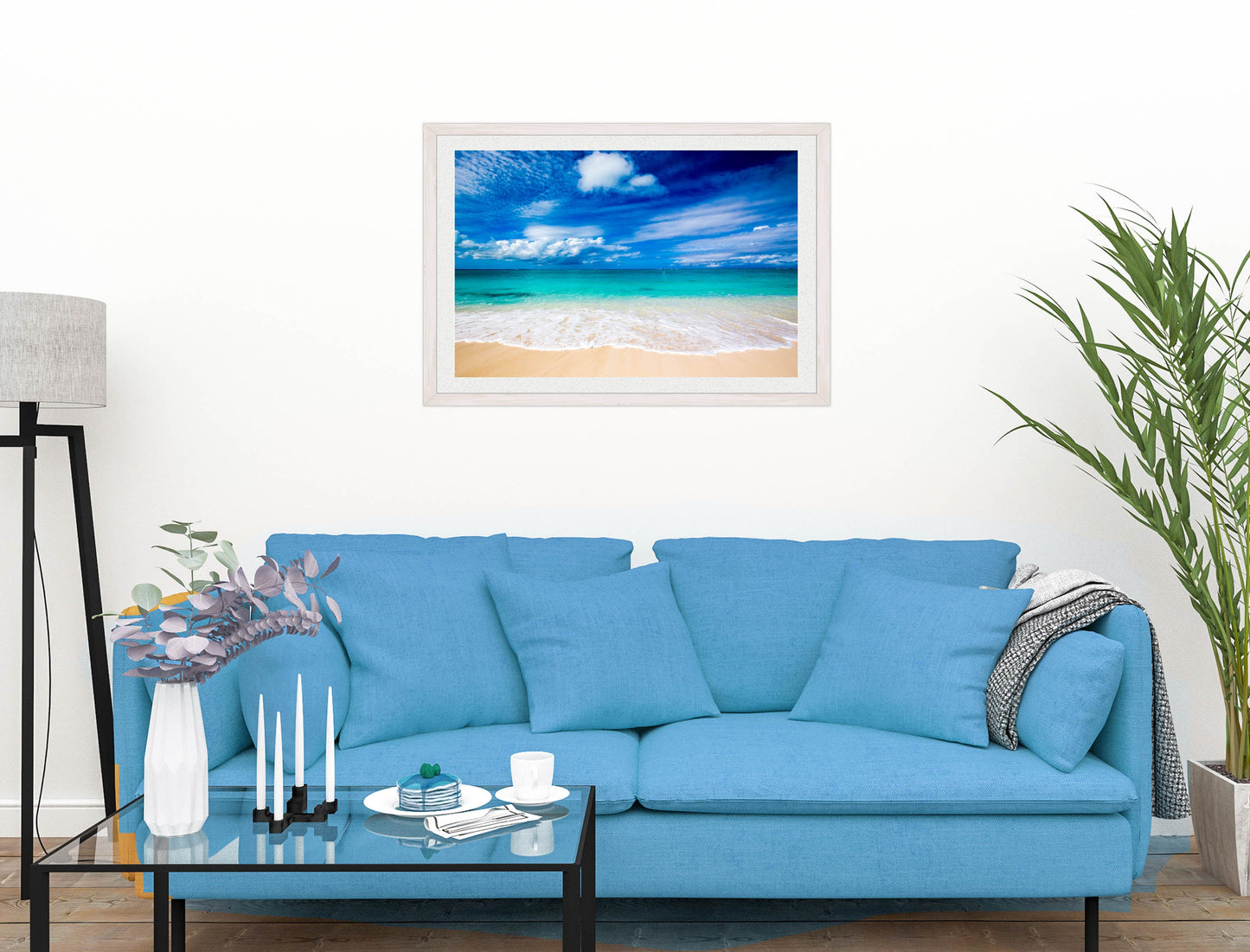 White Sand Beach - Evening on the Pond - Framed Photo - White on Living Room1 Wall-2